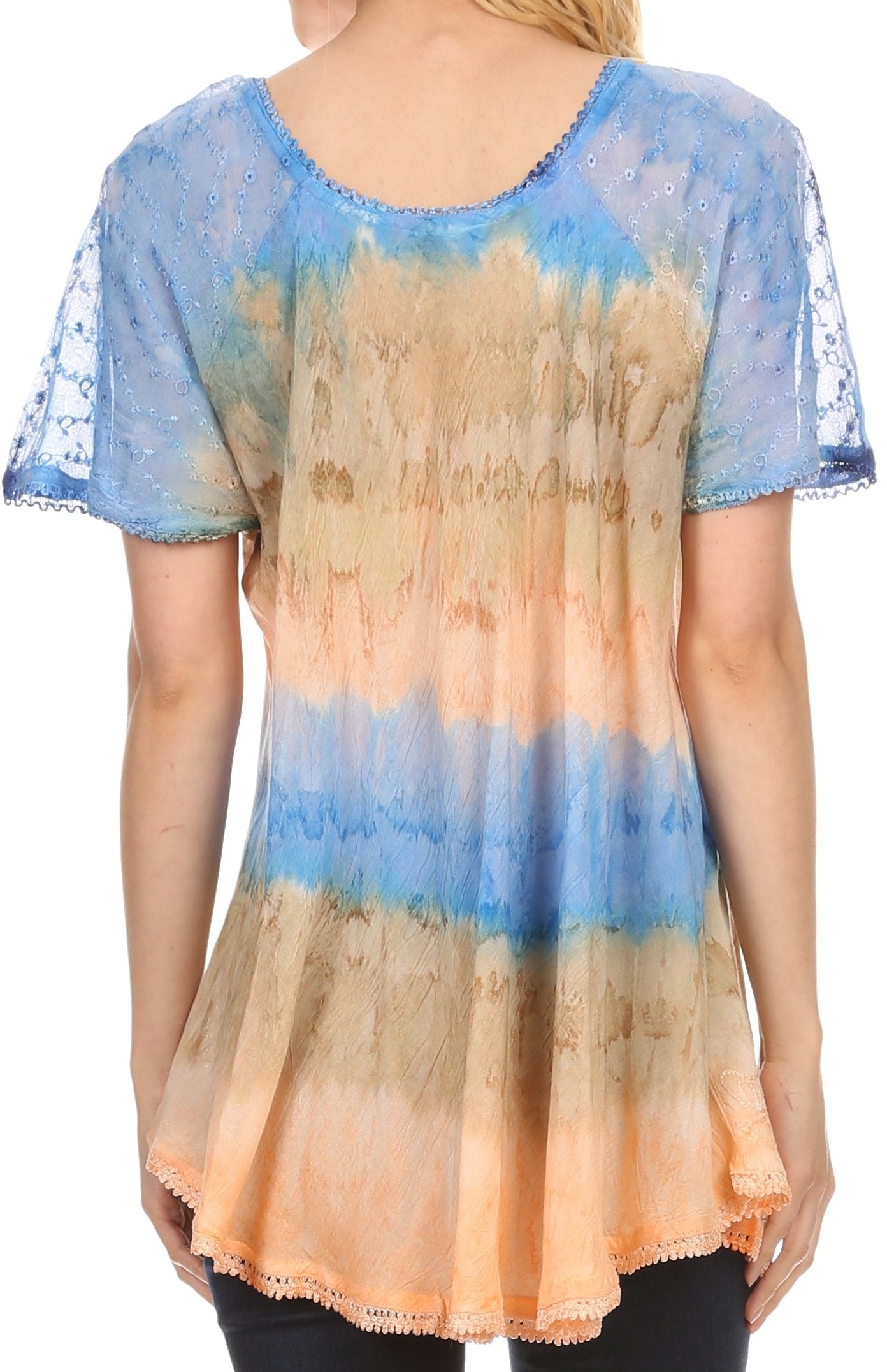 Sakkas Monet Long Tall Tie Dye Ombre Embroidered Cap Sleeve Blouse Shirt Top - Concordia Style Boutique