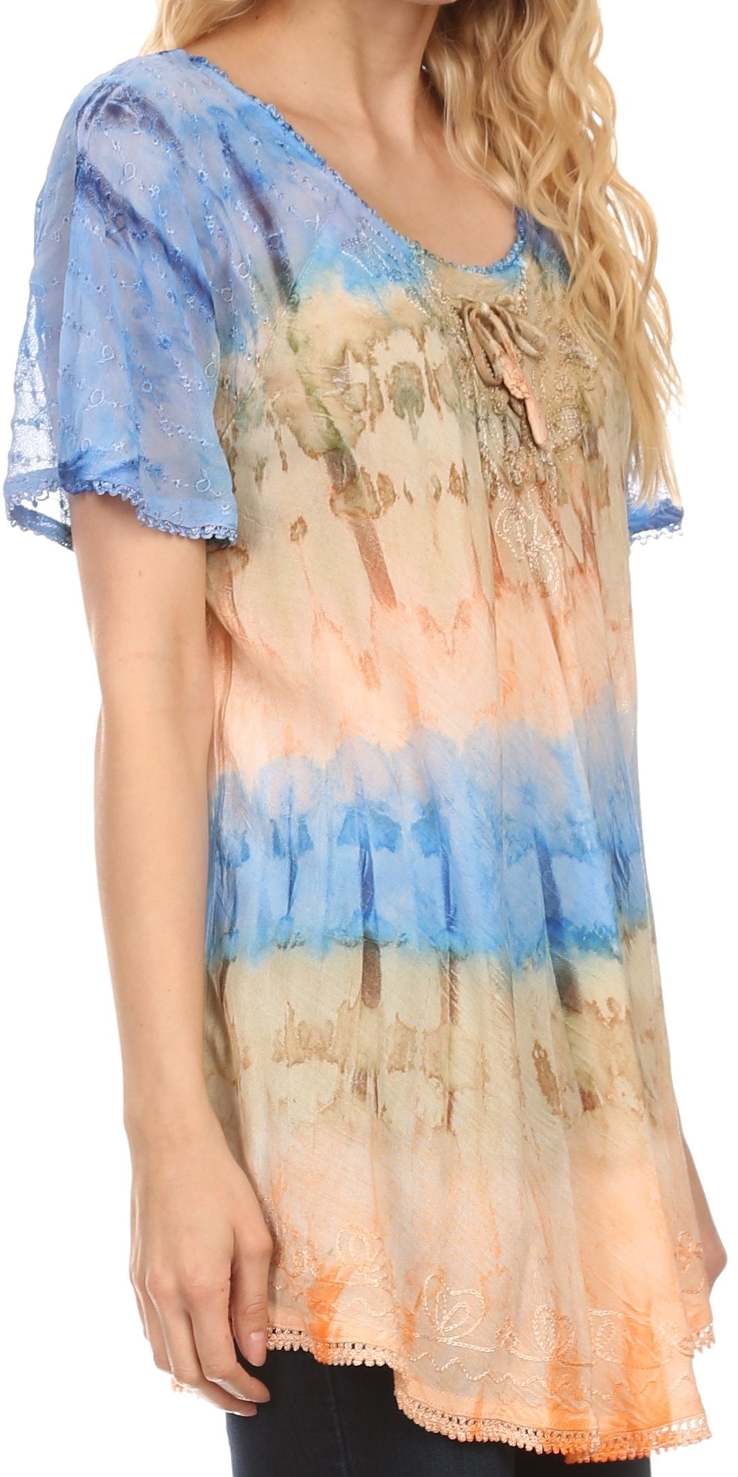 Sakkas Monet Long Tall Tie Dye Ombre Embroidered Cap Sleeve Blouse Shirt Top - Concordia Style Boutique