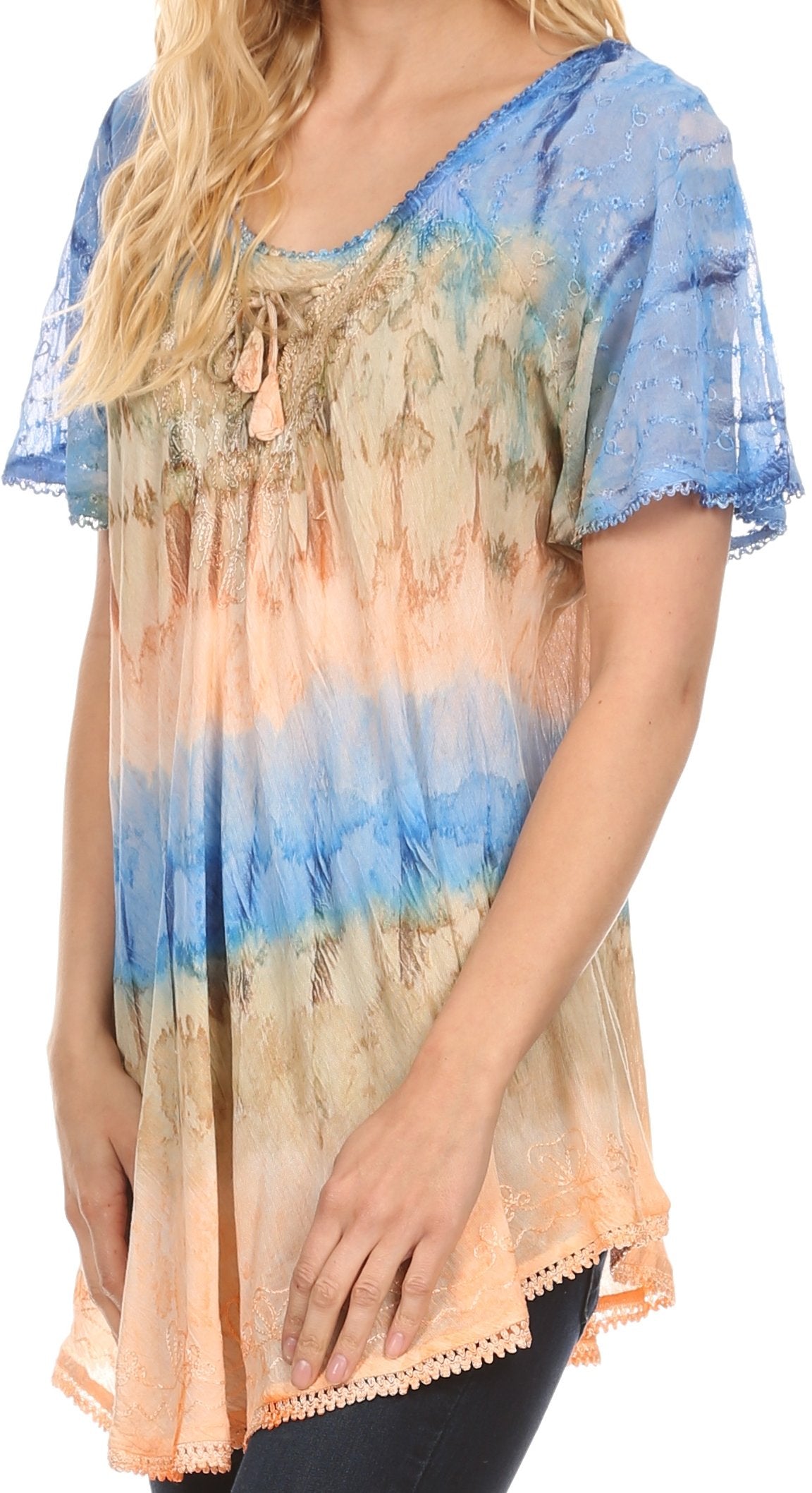 Sakkas Monet Long Tall Tie Dye Ombre Embroidered Cap Sleeve Blouse Shirt Top - Concordia Style Boutique
