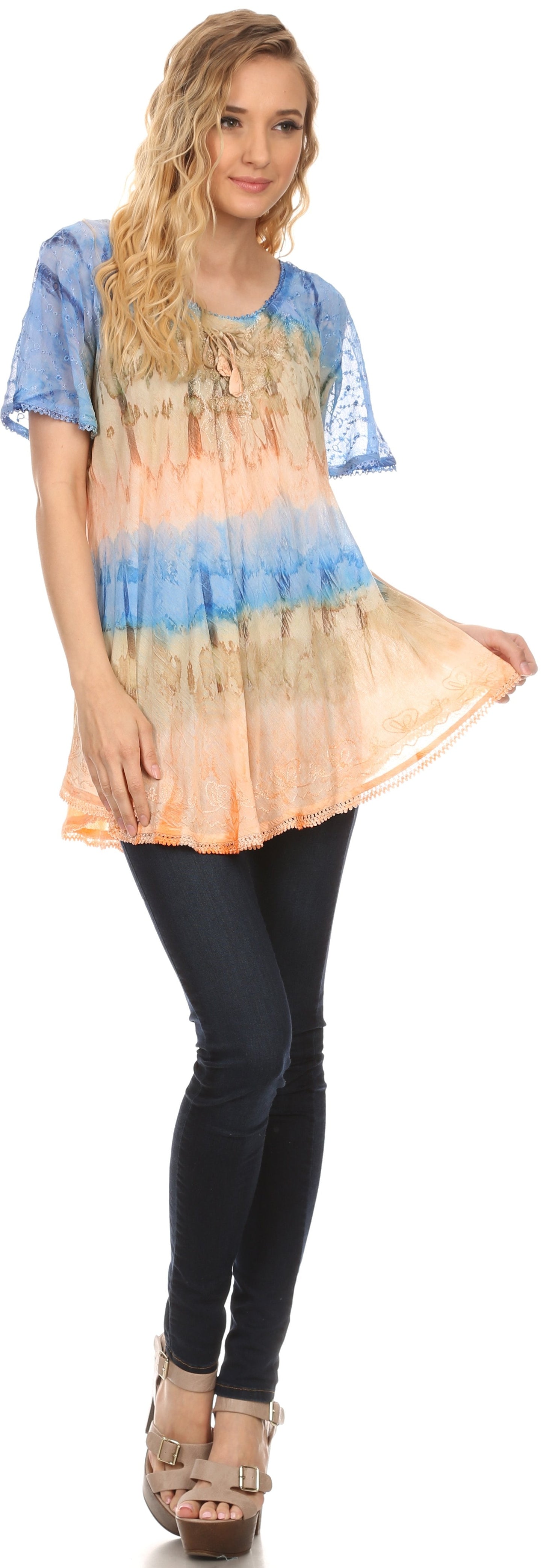 Sakkas Monet Long Tall Tie Dye Ombre Embroidered Cap Sleeve Blouse Shirt Top - Concordia Style Boutique