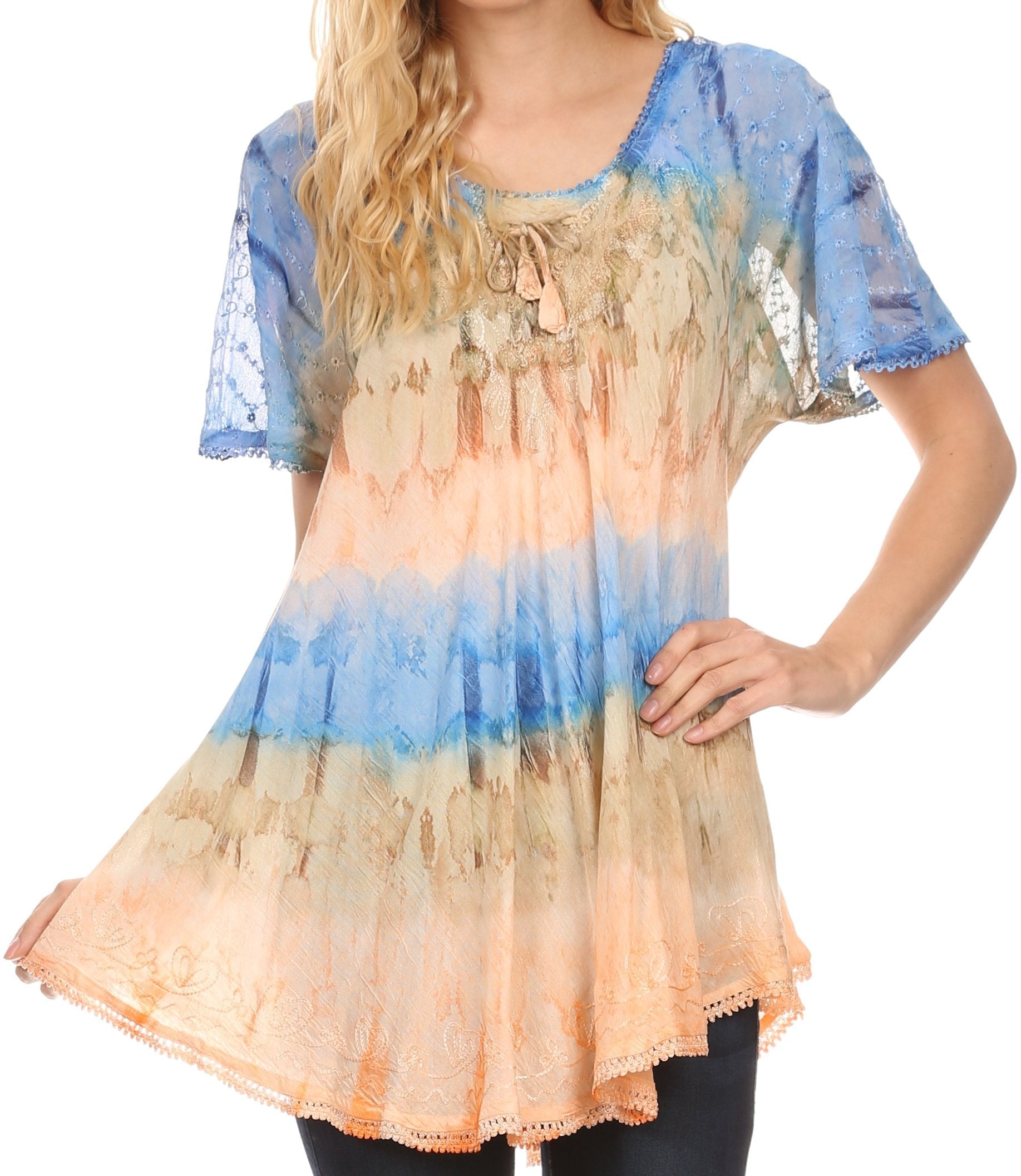 Sakkas Monet Long Tall Tie Dye Ombre Embroidered Cap Sleeve Blouse Shirt Top - Concordia Style Boutique