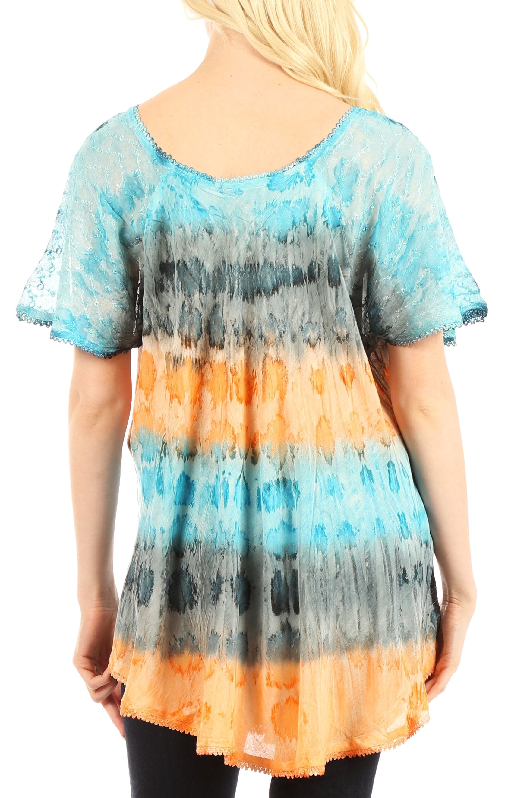 Sakkas Monet Long Tall Tie Dye Ombre Embroidered Cap Sleeve Blouse Shirt Top - Concordia Style Boutique