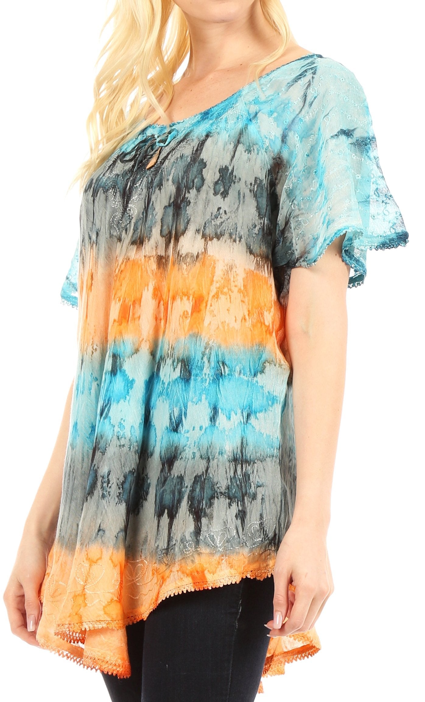 Sakkas Monet Long Tall Tie Dye Ombre Embroidered Cap Sleeve Blouse Shirt Top - Concordia Style Boutique