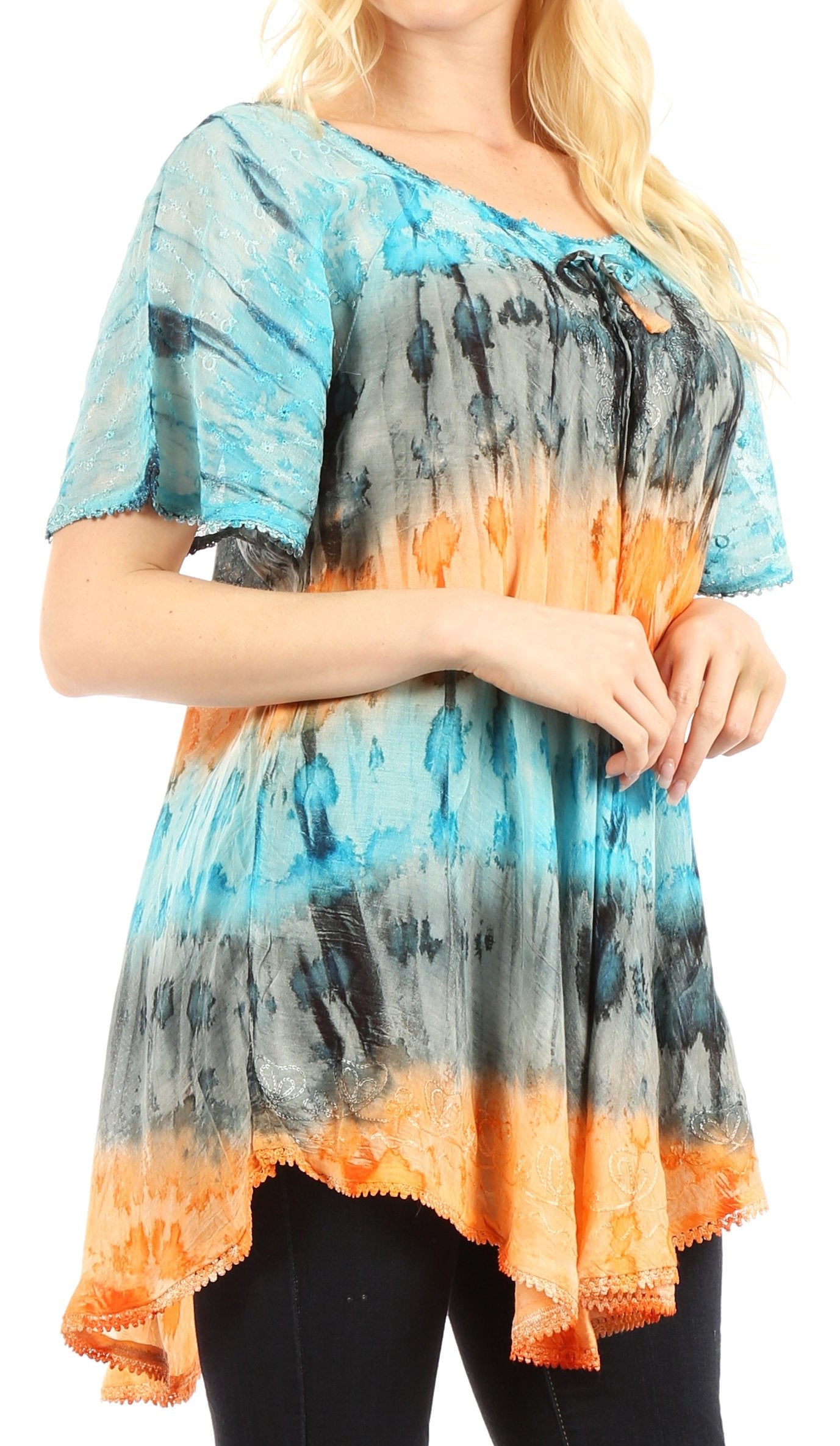 Sakkas Monet Long Tall Tie Dye Ombre Embroidered Cap Sleeve Blouse Shirt Top - Concordia Style Boutique