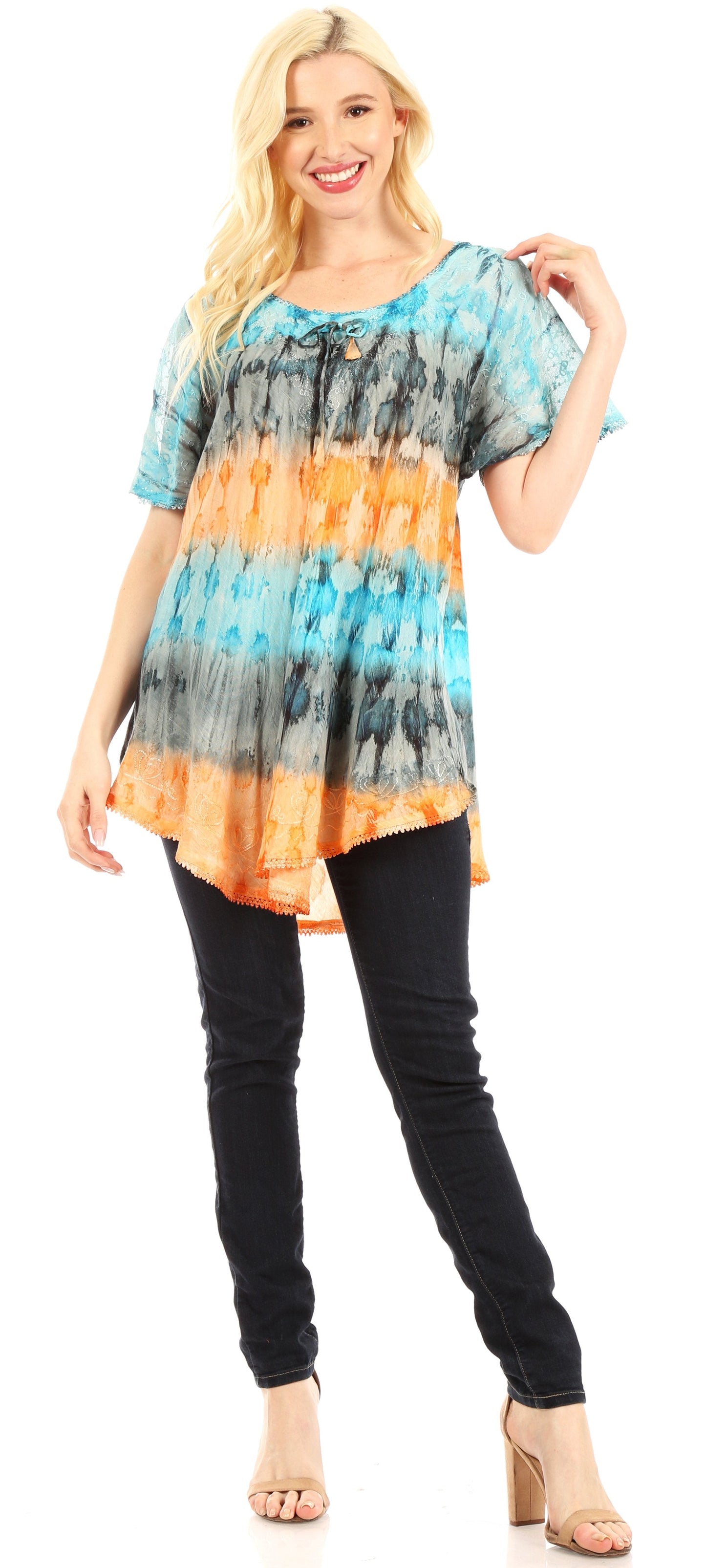 Sakkas Monet Long Tall Tie Dye Ombre Embroidered Cap Sleeve Blouse Shirt Top - Concordia Style Boutique