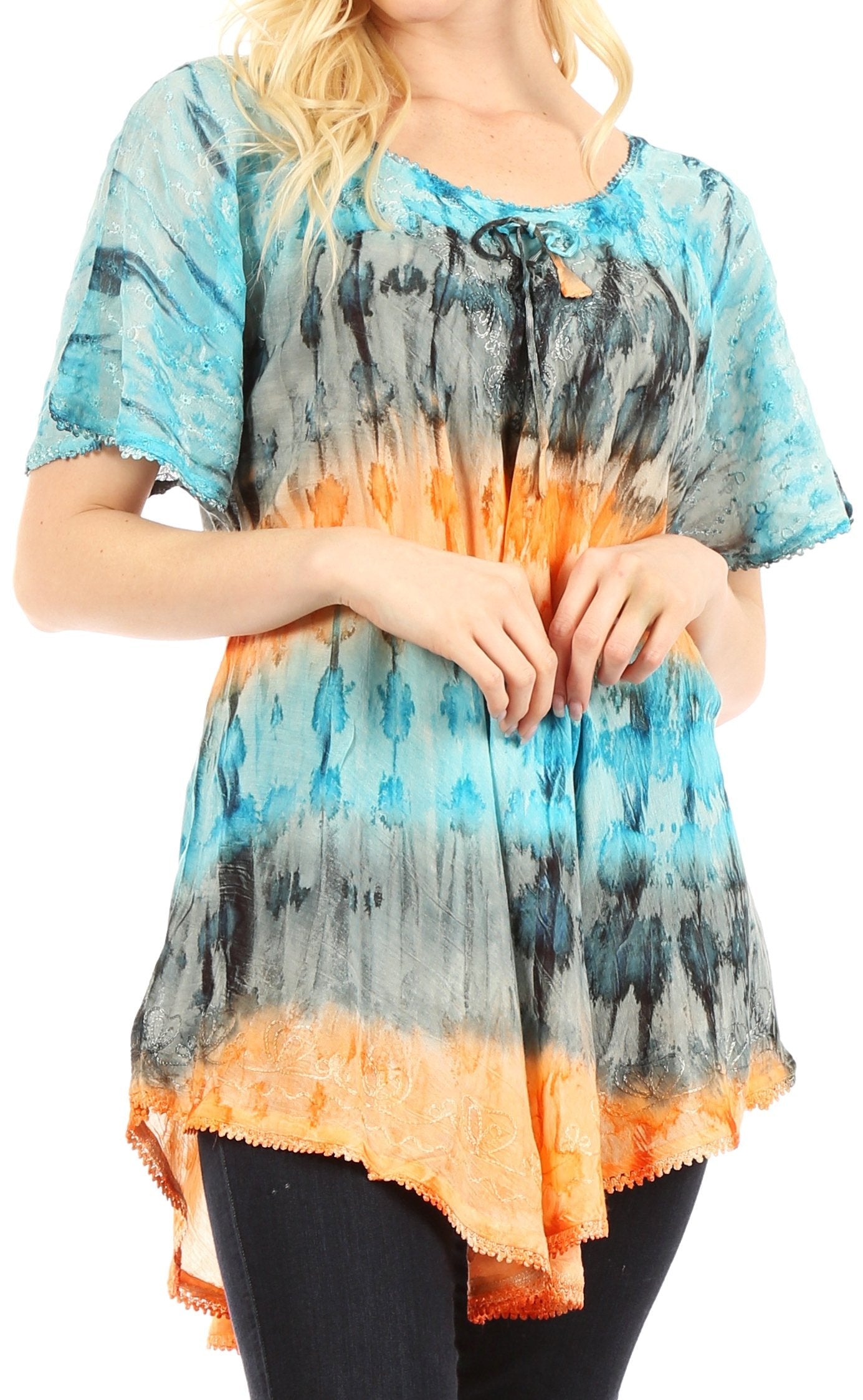 Sakkas Monet Long Tall Tie Dye Ombre Embroidered Cap Sleeve Blouse Shirt Top - Concordia Style Boutique