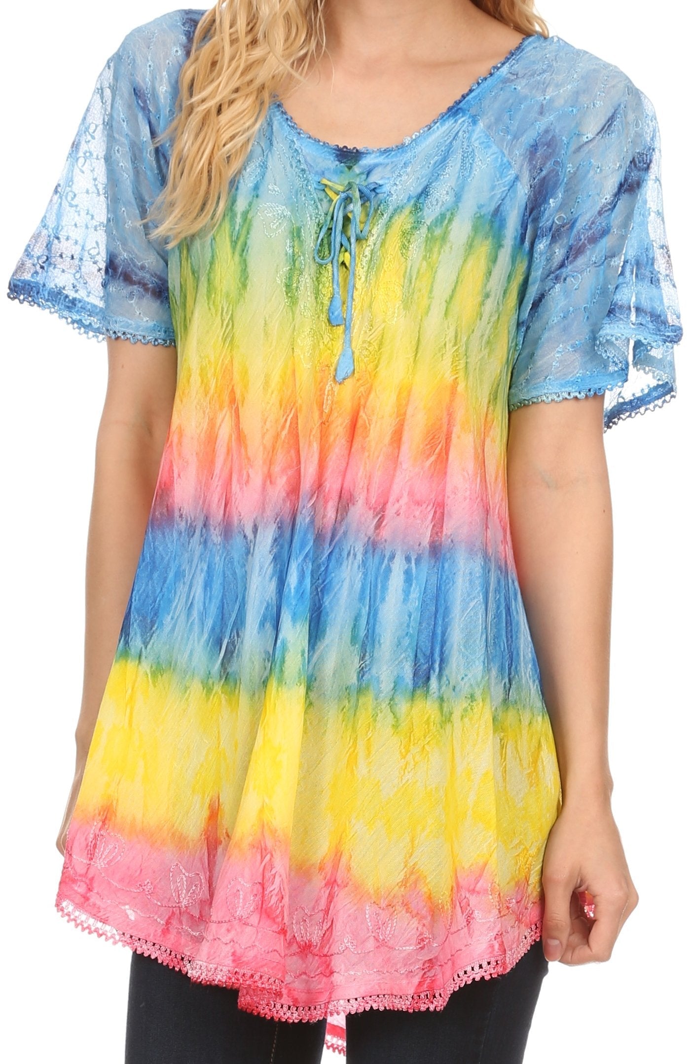 Sakkas Monet Long Tall Tie Dye Ombre Embroidered Cap Sleeve Blouse Shirt Top - Concordia Style Boutique