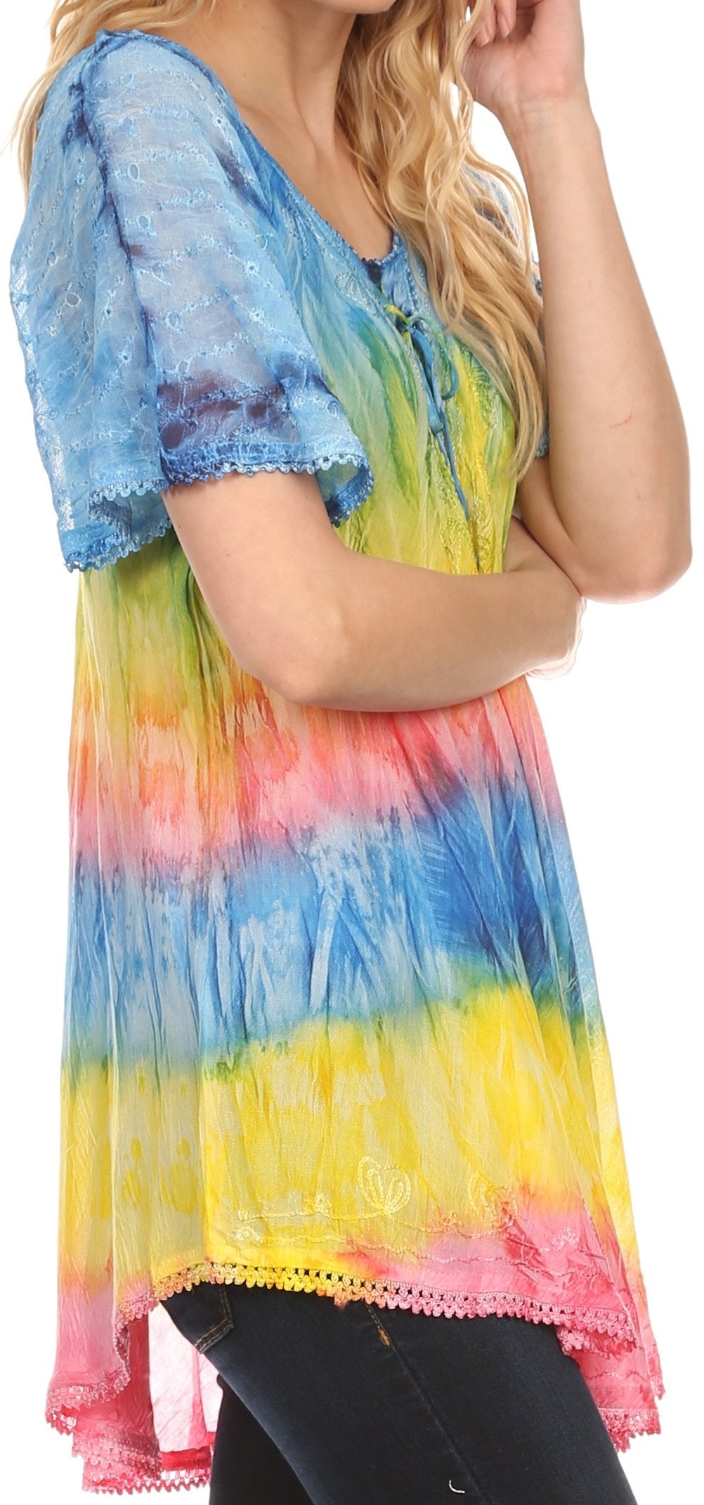 Sakkas Monet Long Tall Tie Dye Ombre Embroidered Cap Sleeve Blouse Shirt Top - Concordia Style Boutique
