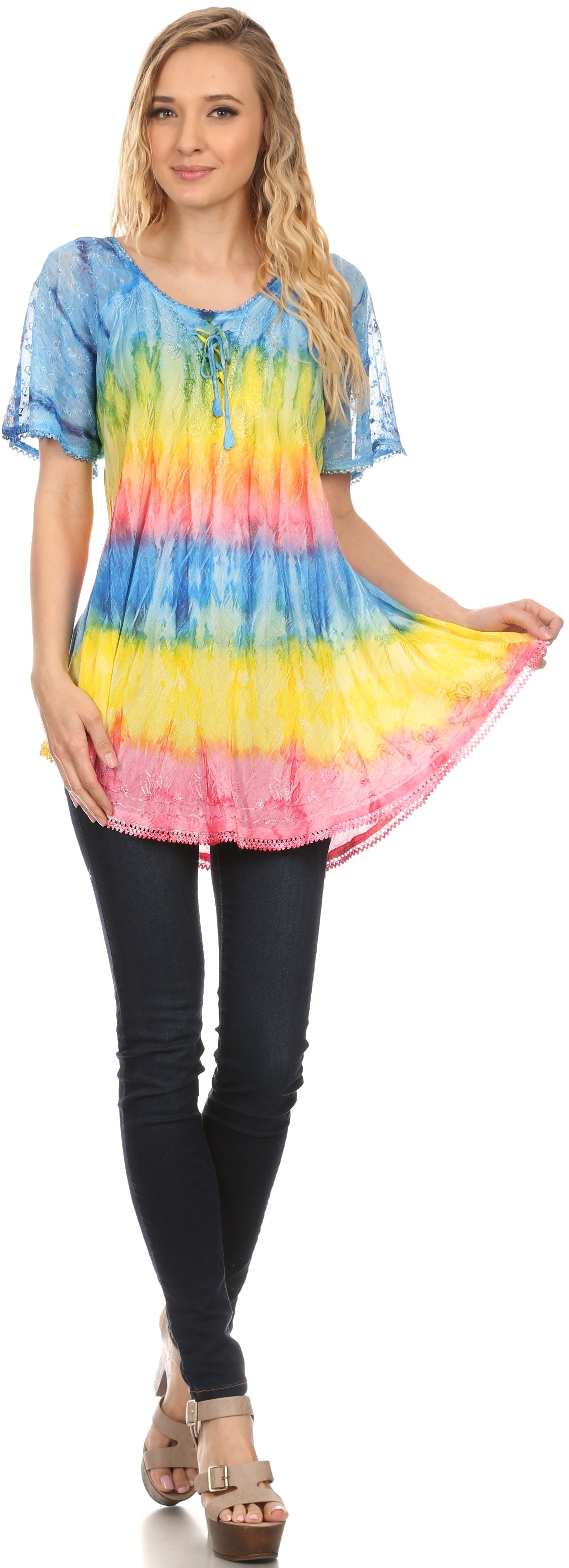 Sakkas Monet Long Tall Tie Dye Ombre Embroidered Cap Sleeve Blouse Shirt Top - Concordia Style Boutique