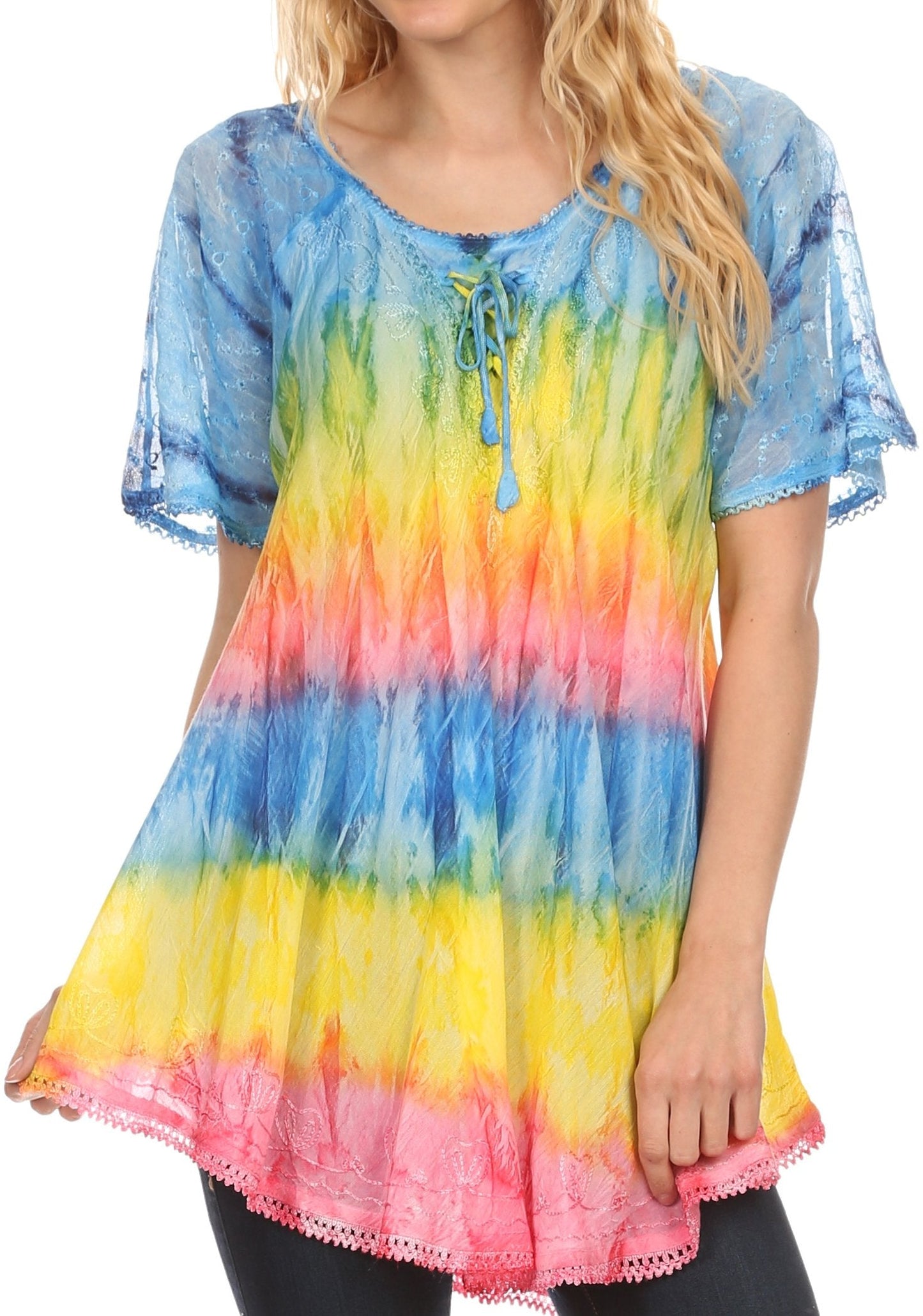 Sakkas Monet Long Tall Tie Dye Ombre Embroidered Cap Sleeve Blouse Shirt Top - Concordia Style Boutique