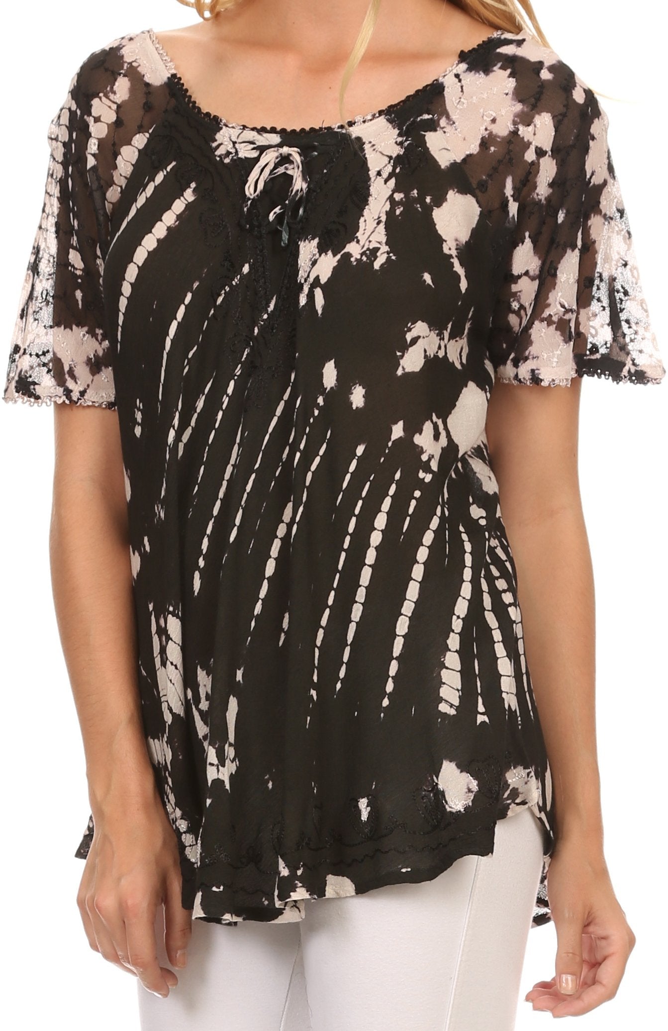 Sakkas Splenka Long Tie Dye Embroidered Corset Neck Cap Sleeve Blouse Shirt Top - Concordia Style Boutique