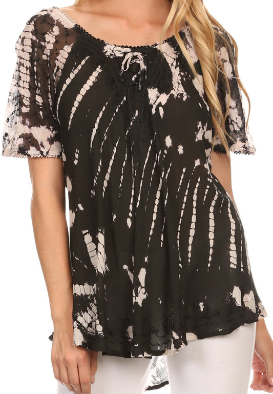 Sakkas Splenka Long Tie Dye Embroidered Corset Neck Cap Sleeve Blouse Shirt Top - Concordia Style Boutique