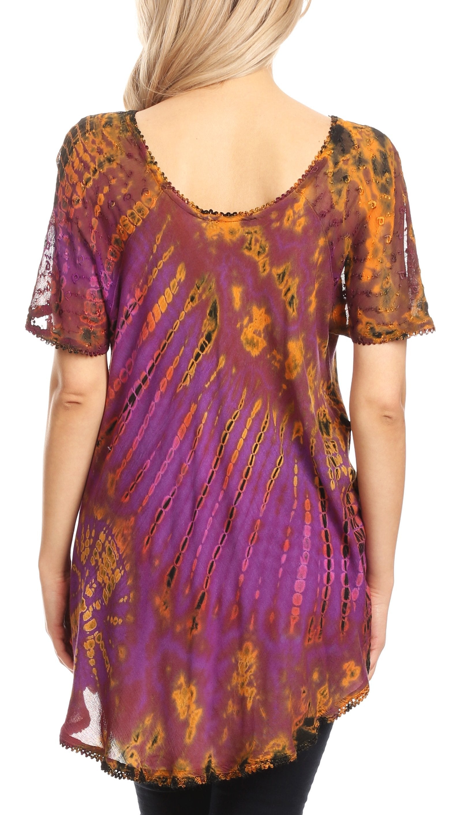 Sakkas Splenka Long Tie Dye Embroidered Corset Neck Cap Sleeve Blouse Shirt Top - Concordia Style Boutique