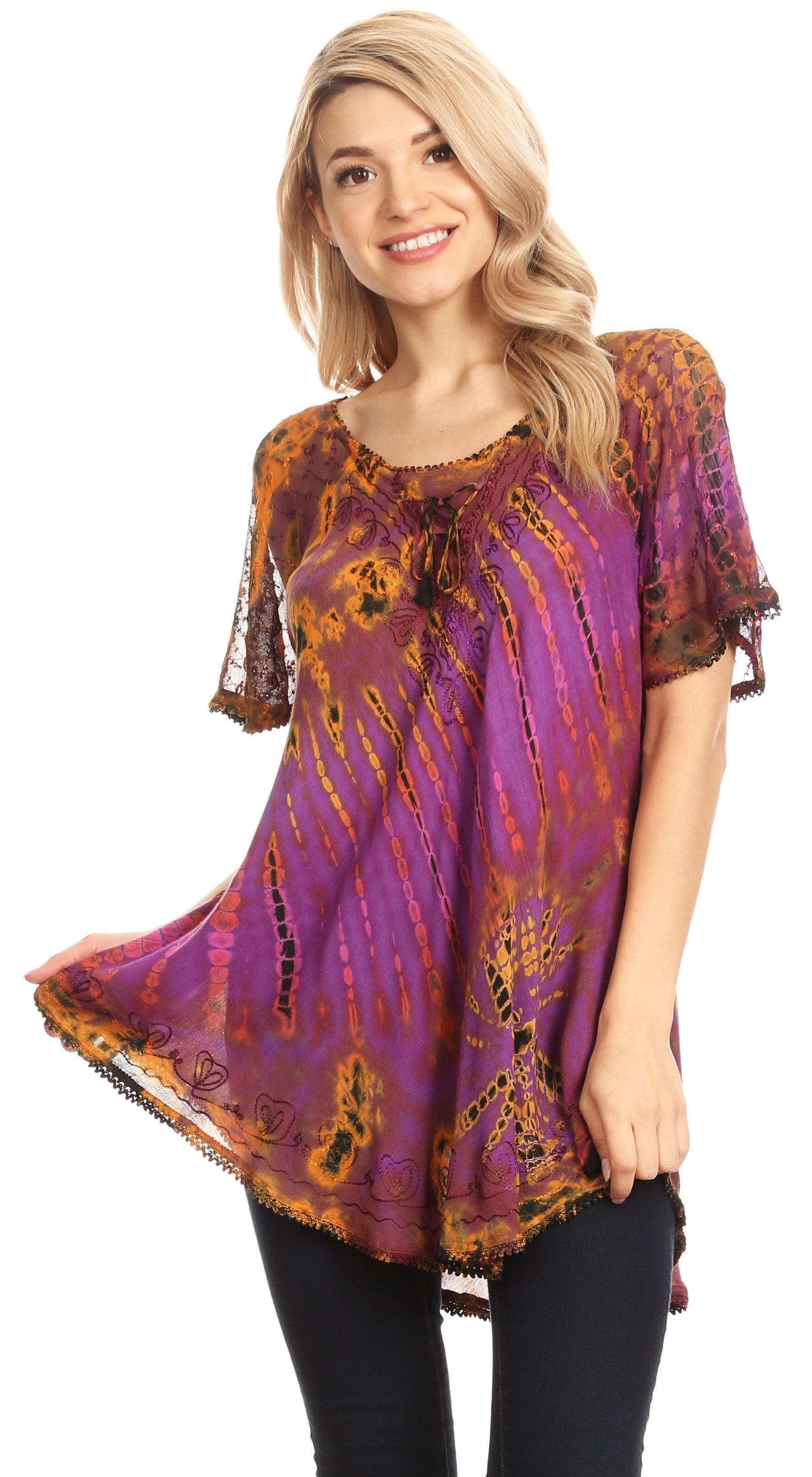 Sakkas Splenka Long Tie Dye Embroidered Corset Neck Cap Sleeve Blouse Shirt Top - Concordia Style Boutique