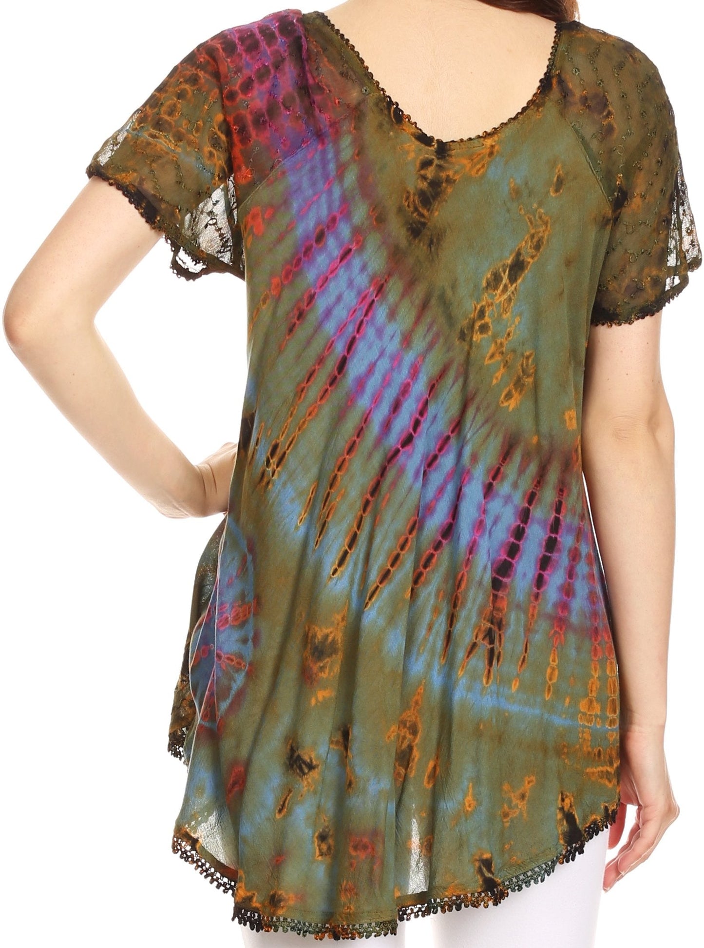 Sakkas Splenka Long Tie Dye Embroidered Corset Neck Cap Sleeve Blouse Shirt Top - Concordia Style Boutique