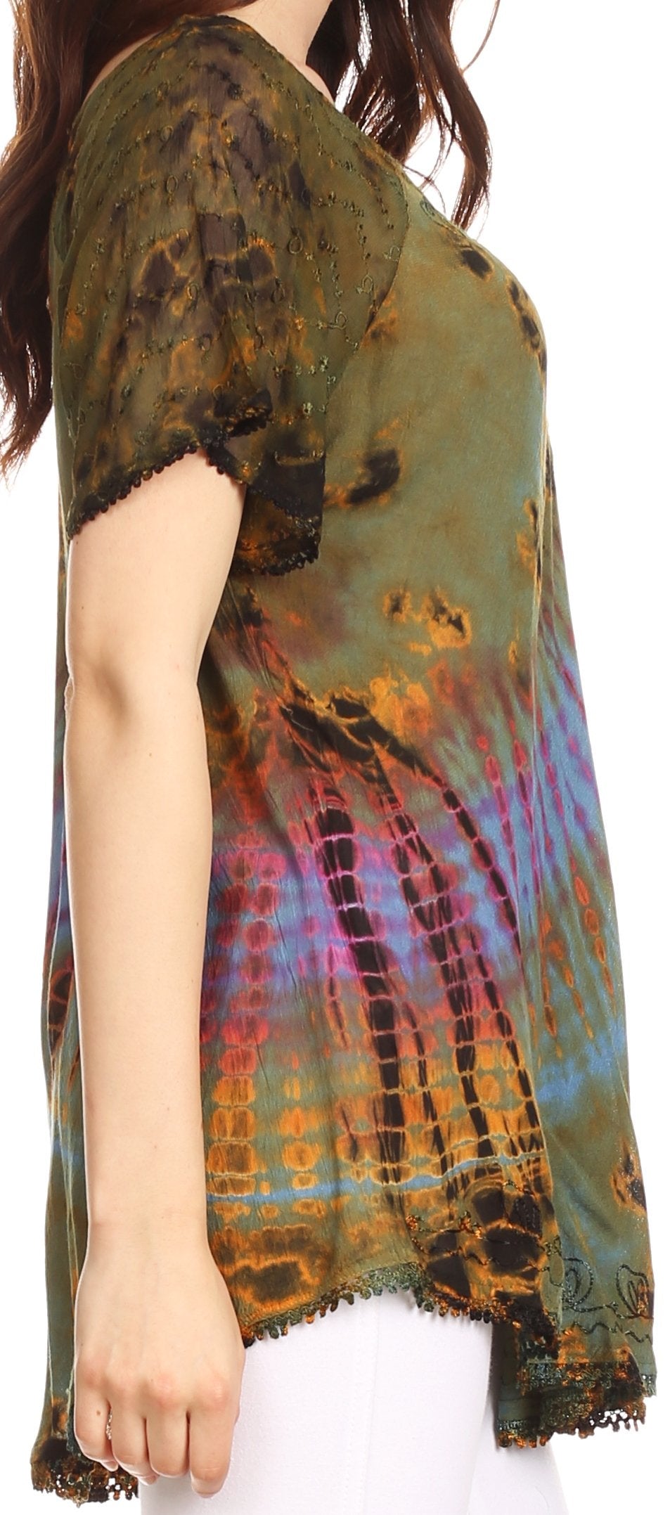 Sakkas Splenka Long Tie Dye Embroidered Corset Neck Cap Sleeve Blouse Shirt Top - Concordia Style Boutique