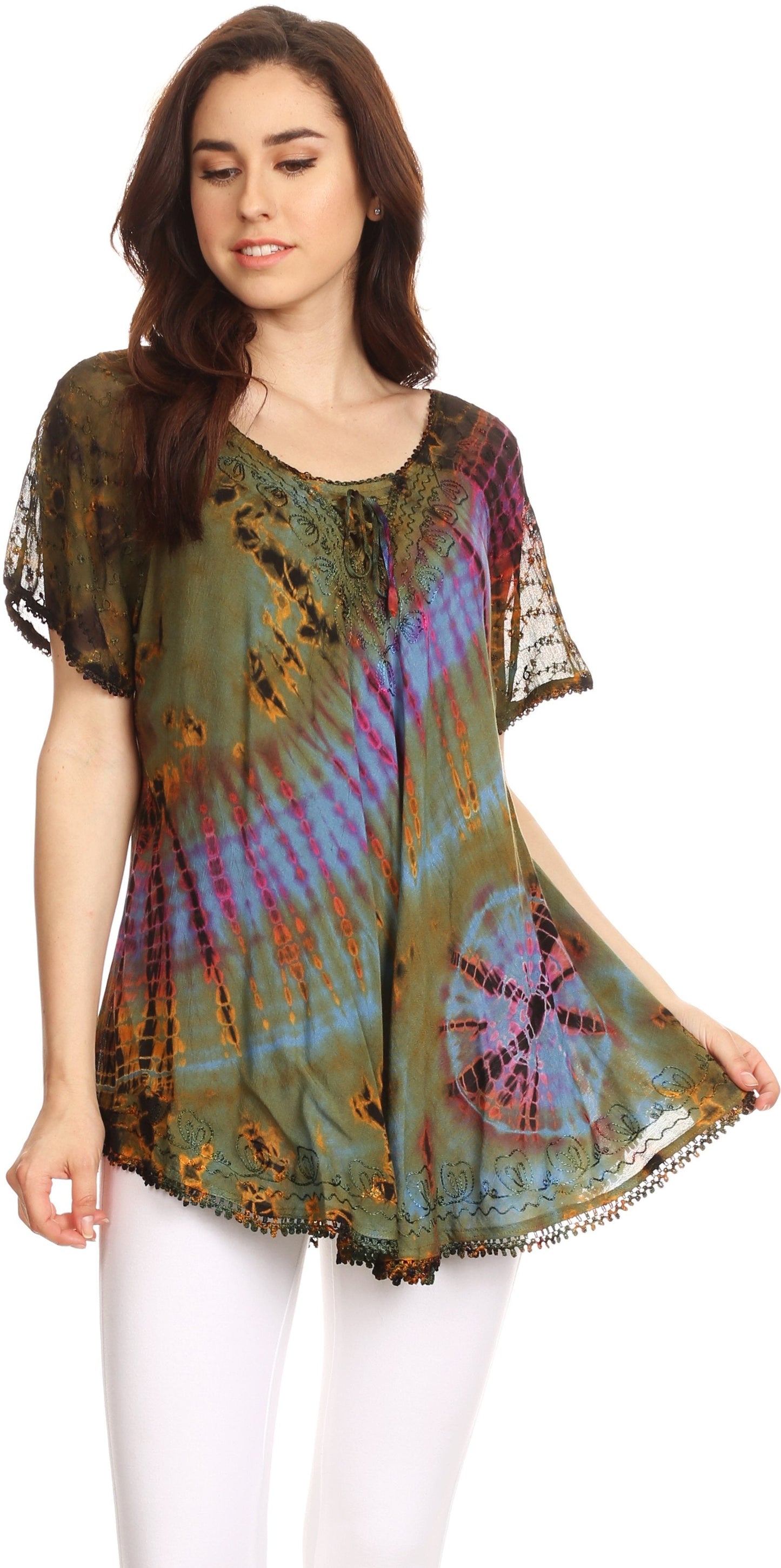 Sakkas Splenka Long Tie Dye Embroidered Corset Neck Cap Sleeve Blouse Shirt Top - Concordia Style Boutique