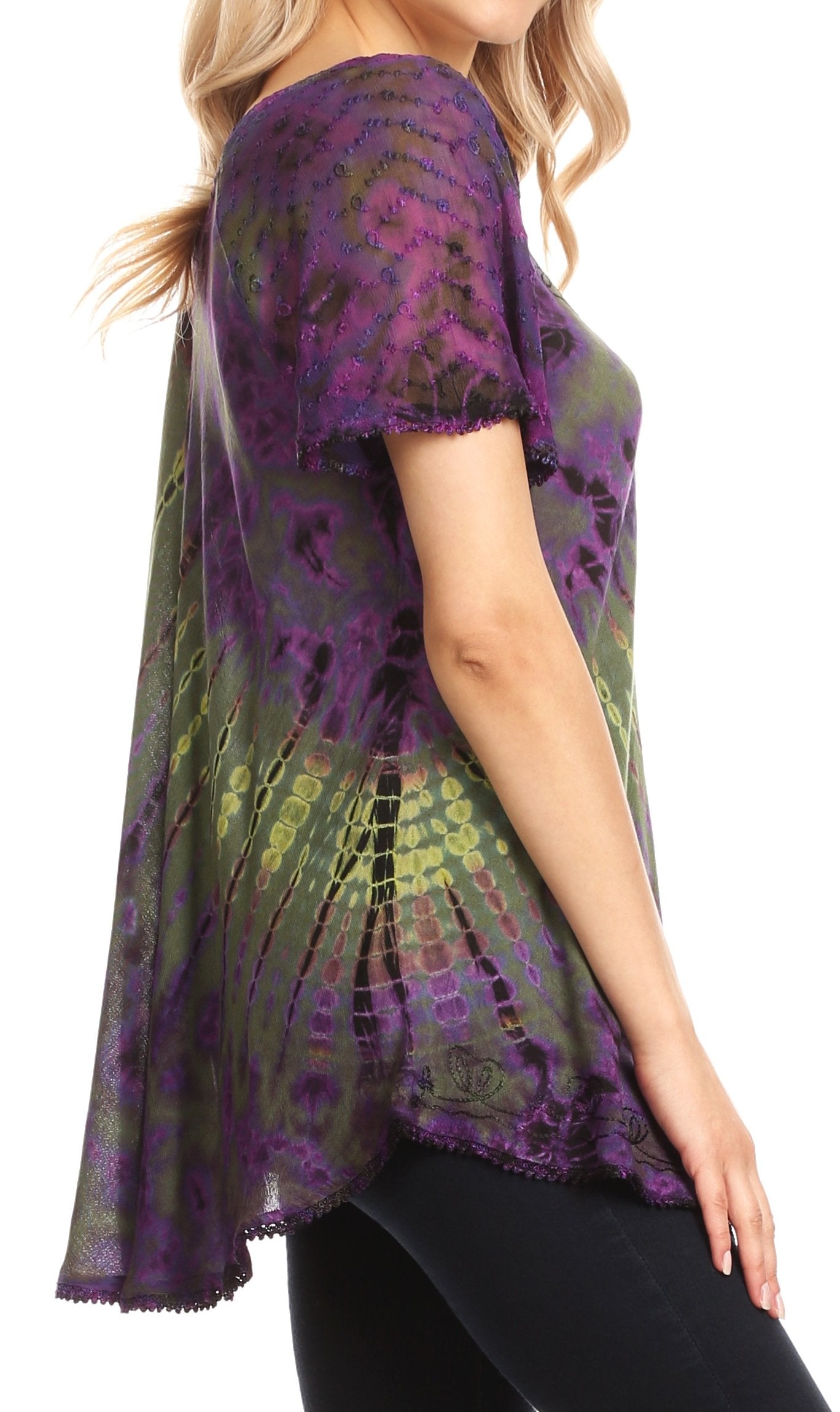Sakkas Splenka Long Tie Dye Embroidered Corset Neck Cap Sleeve Blouse Shirt Top - Concordia Style Boutique