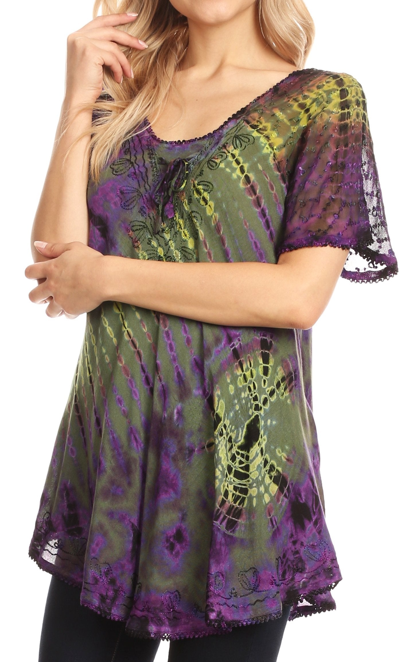 Sakkas Splenka Long Tie Dye Embroidered Corset Neck Cap Sleeve Blouse Shirt Top - Concordia Style Boutique