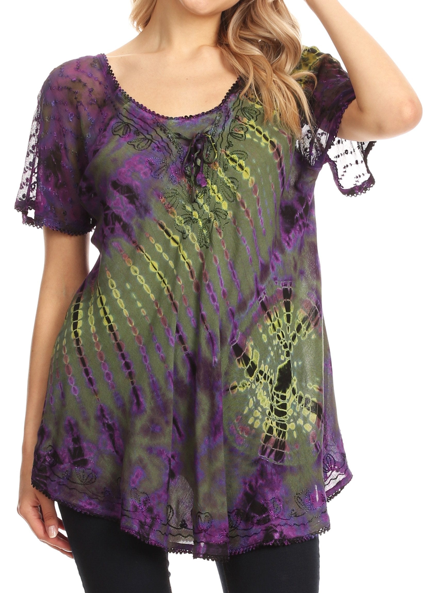 Sakkas Splenka Long Tie Dye Embroidered Corset Neck Cap Sleeve Blouse Shirt Top - Concordia Style Boutique