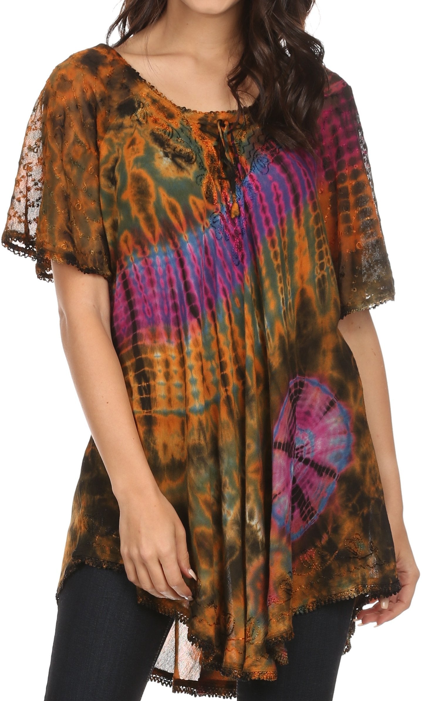 Sakkas Splenka Long Tie Dye Embroidered Corset Neck Cap Sleeve Blouse Shirt Top - Concordia Style Boutique