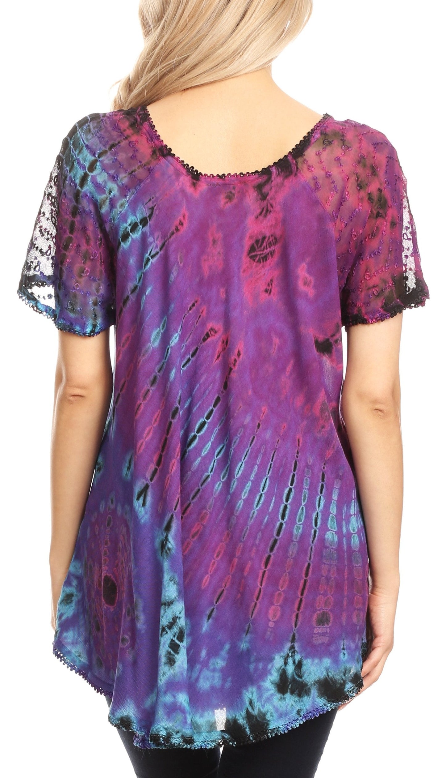 Sakkas Splenka Long Tie Dye Embroidered Corset Neck Cap Sleeve Blouse Shirt Top - Concordia Style Boutique