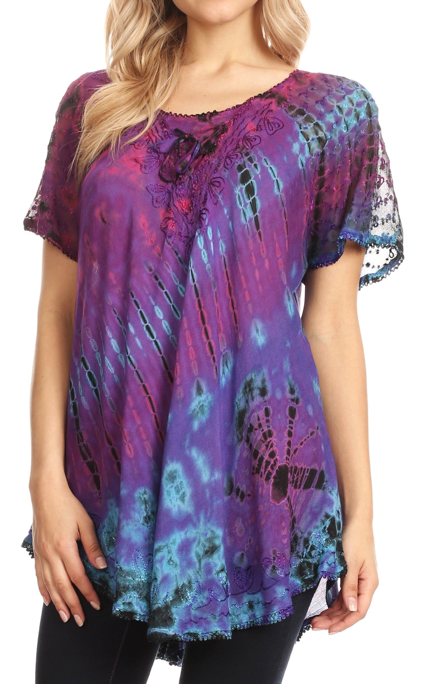 Sakkas Splenka Long Tie Dye Embroidered Corset Neck Cap Sleeve Blouse Shirt Top - Concordia Style Boutique