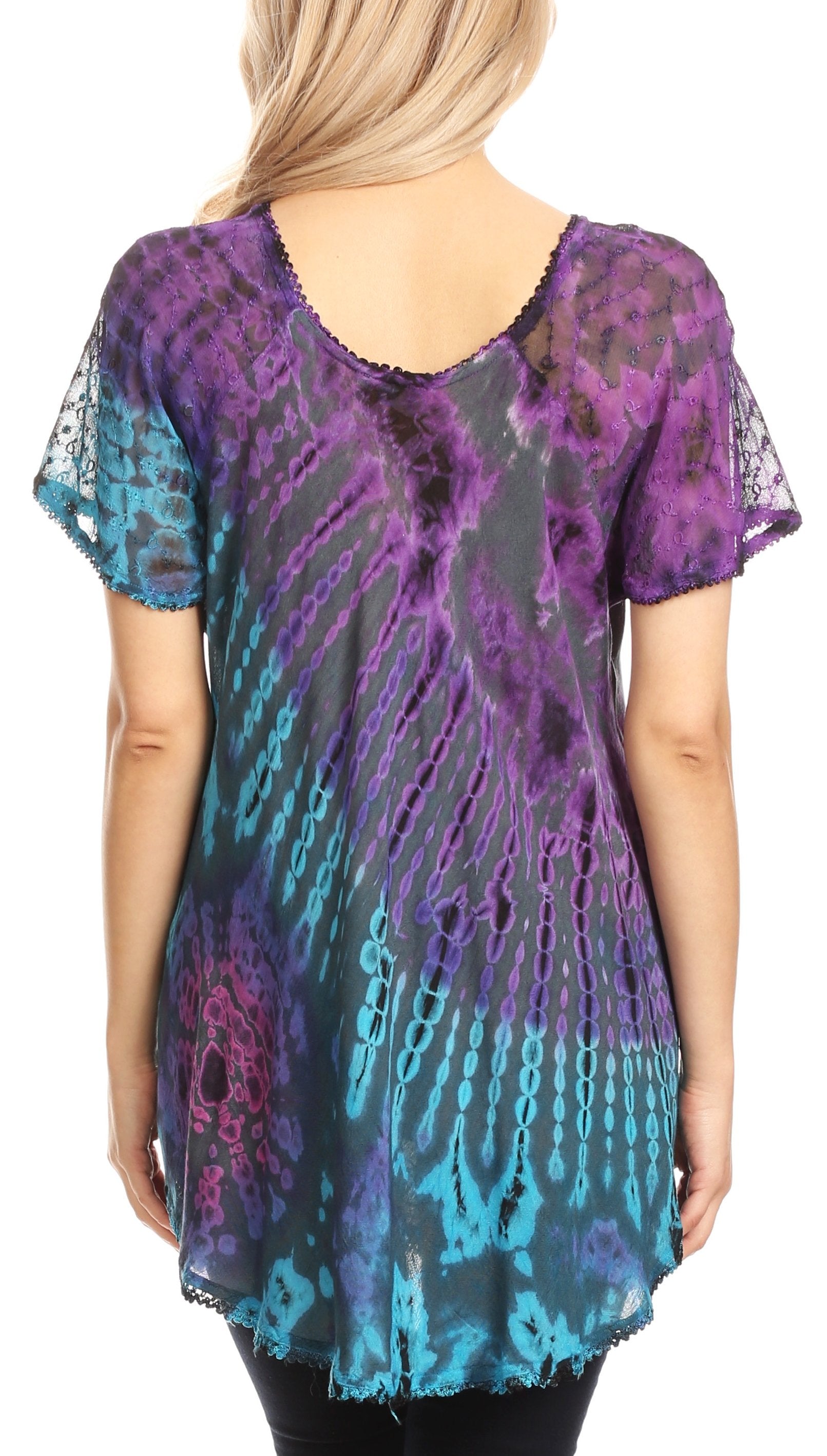 Sakkas Splenka Long Tie Dye Embroidered Corset Neck Cap Sleeve Blouse Shirt Top - Concordia Style Boutique