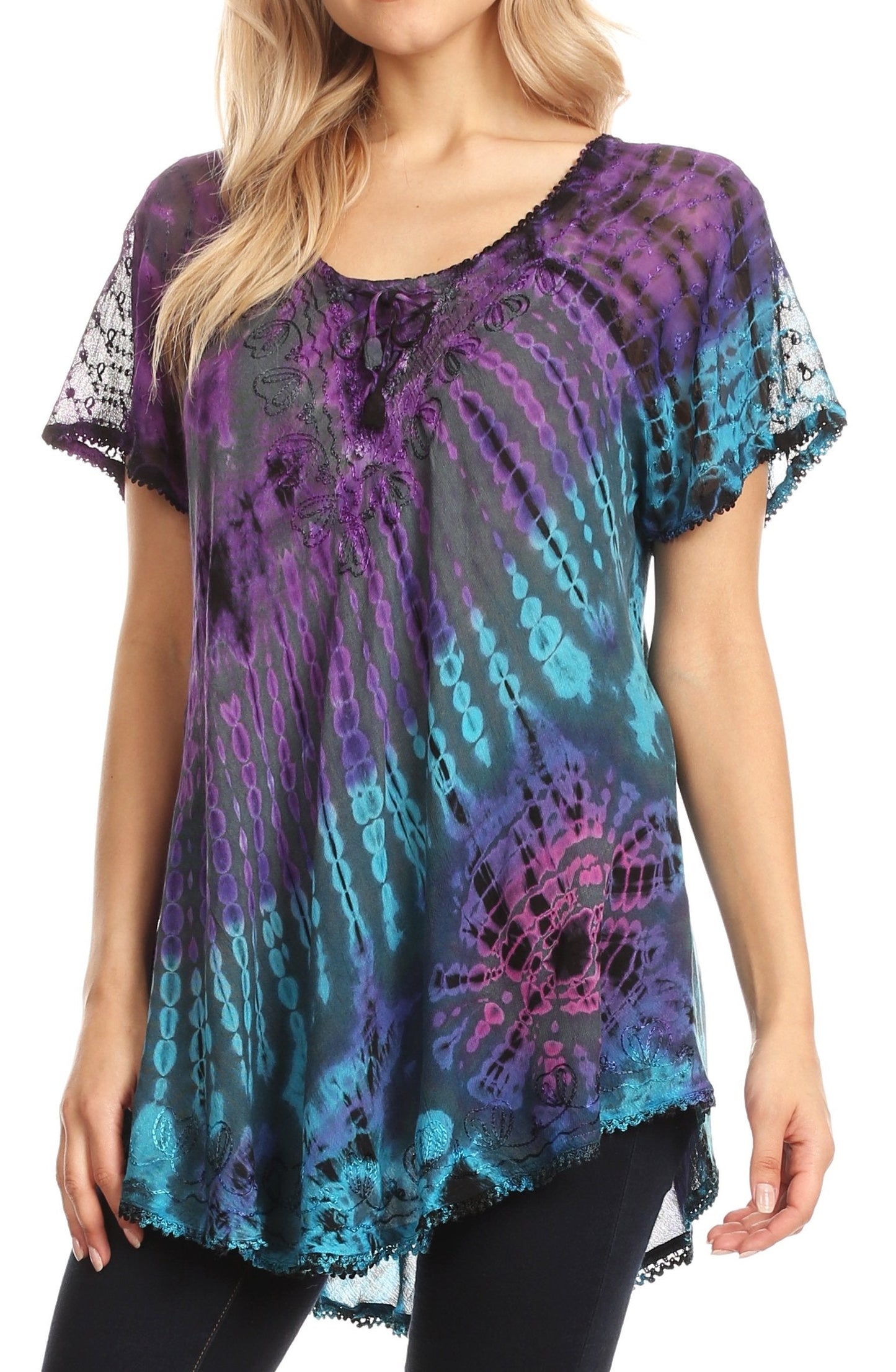 Sakkas Splenka Long Tie Dye Embroidered Corset Neck Cap Sleeve Blouse Shirt Top - Concordia Style Boutique