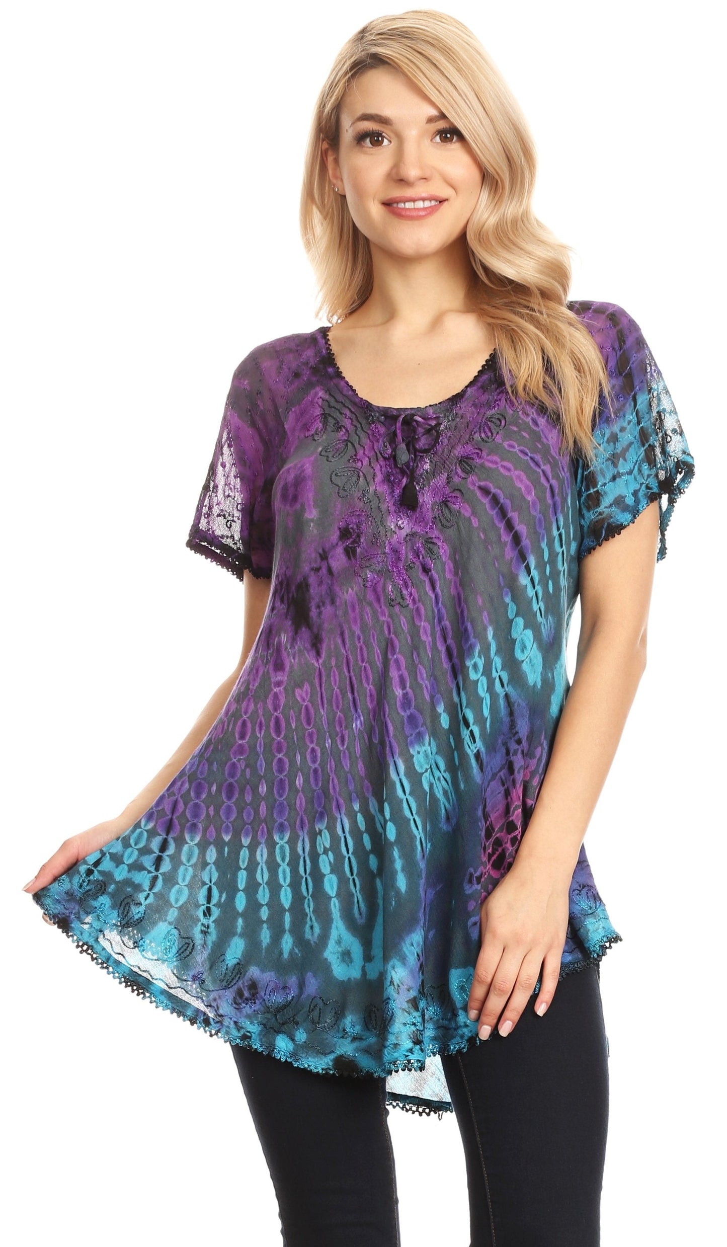 Sakkas Splenka Long Tie Dye Embroidered Corset Neck Cap Sleeve Blouse Shirt Top - Concordia Style Boutique