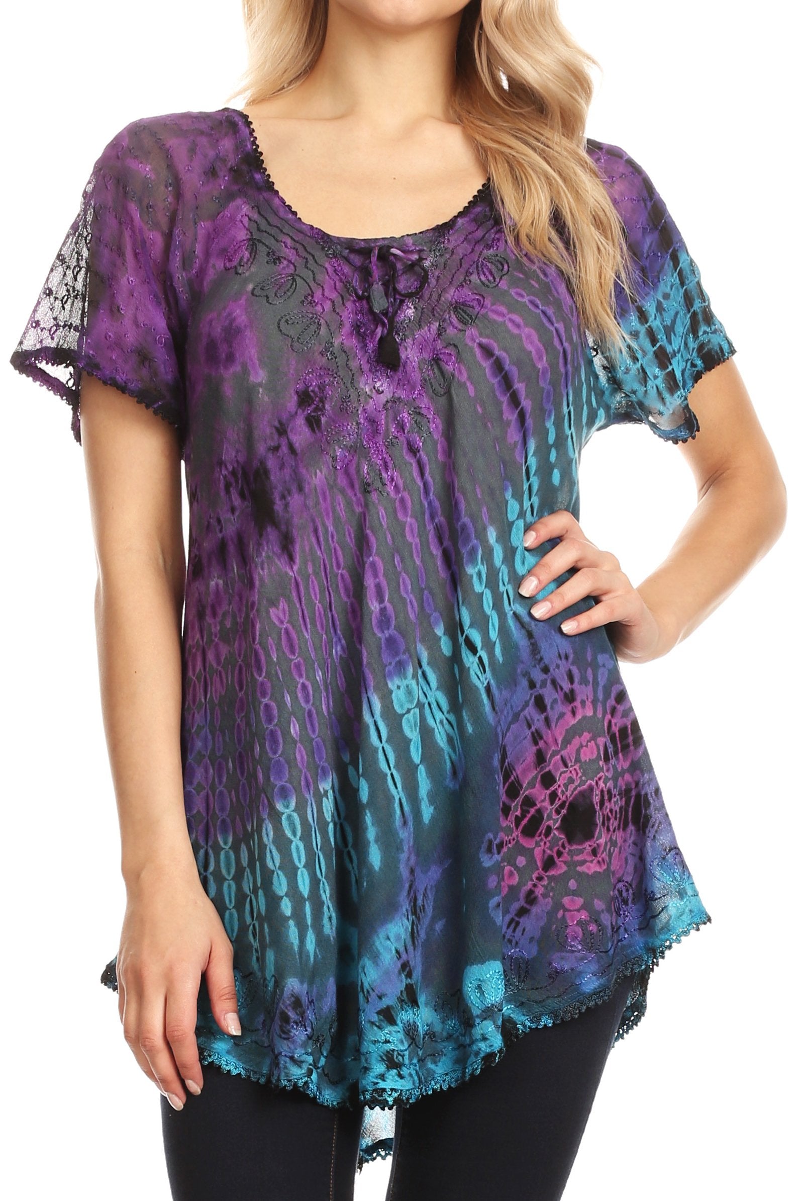 Sakkas Splenka Long Tie Dye Embroidered Corset Neck Cap Sleeve Blouse Shirt Top - Concordia Style Boutique