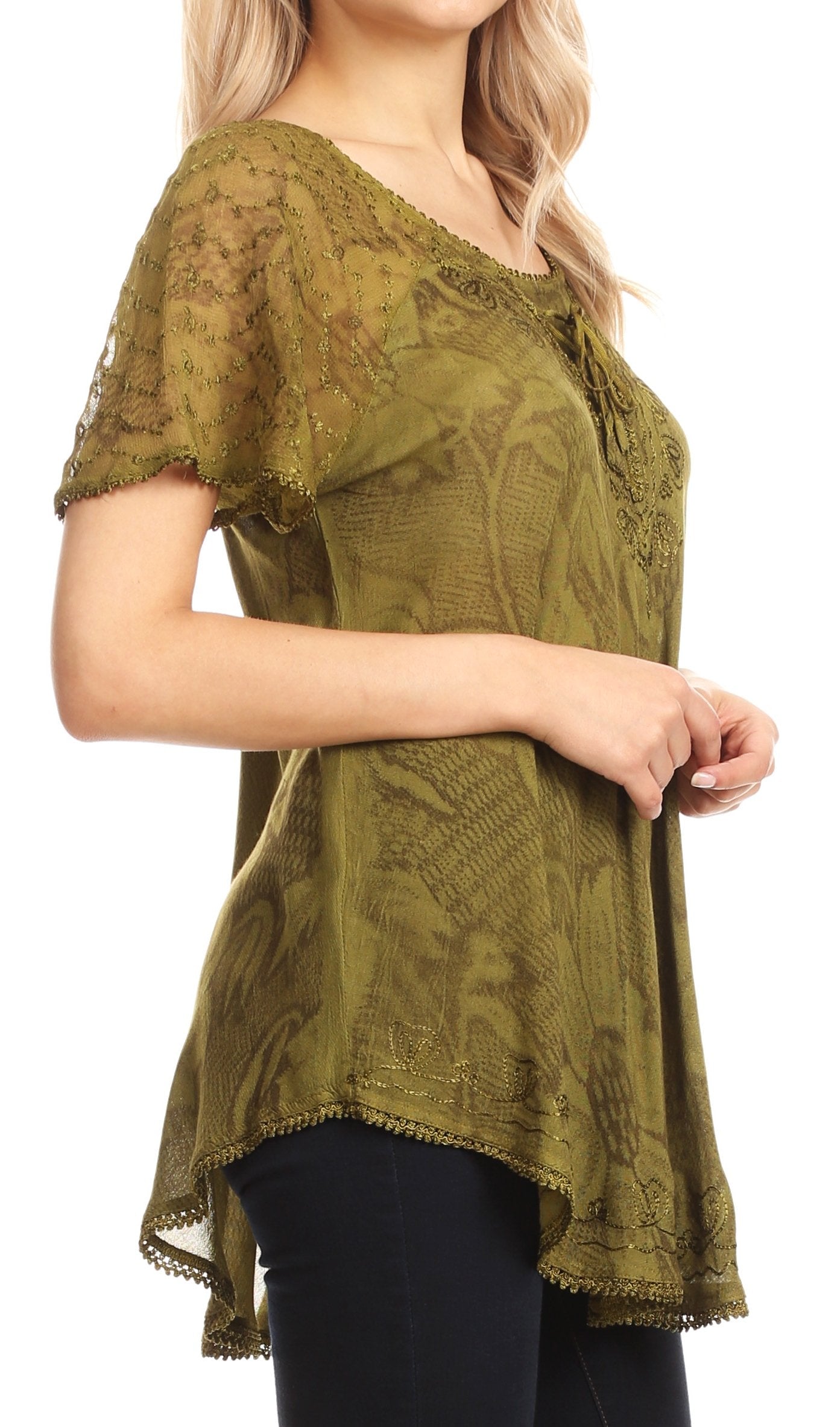 Sakkas Maliky Wide Corset Neck Floral Embroidered Cap Sleeve Blouse Top Shirt - Concordia Style Boutique