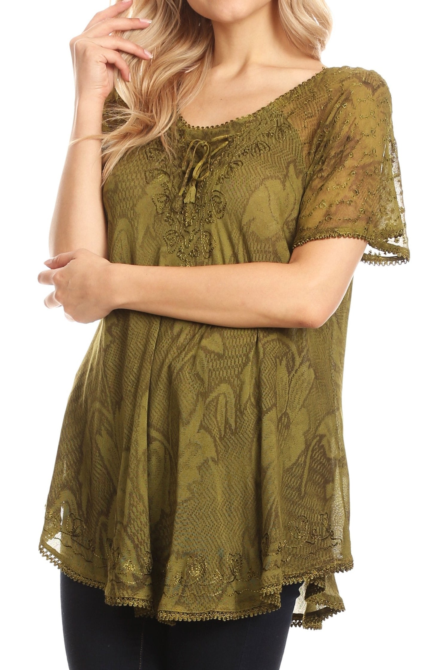 Sakkas Maliky Wide Corset Neck Floral Embroidered Cap Sleeve Blouse Top Shirt - Concordia Style Boutique