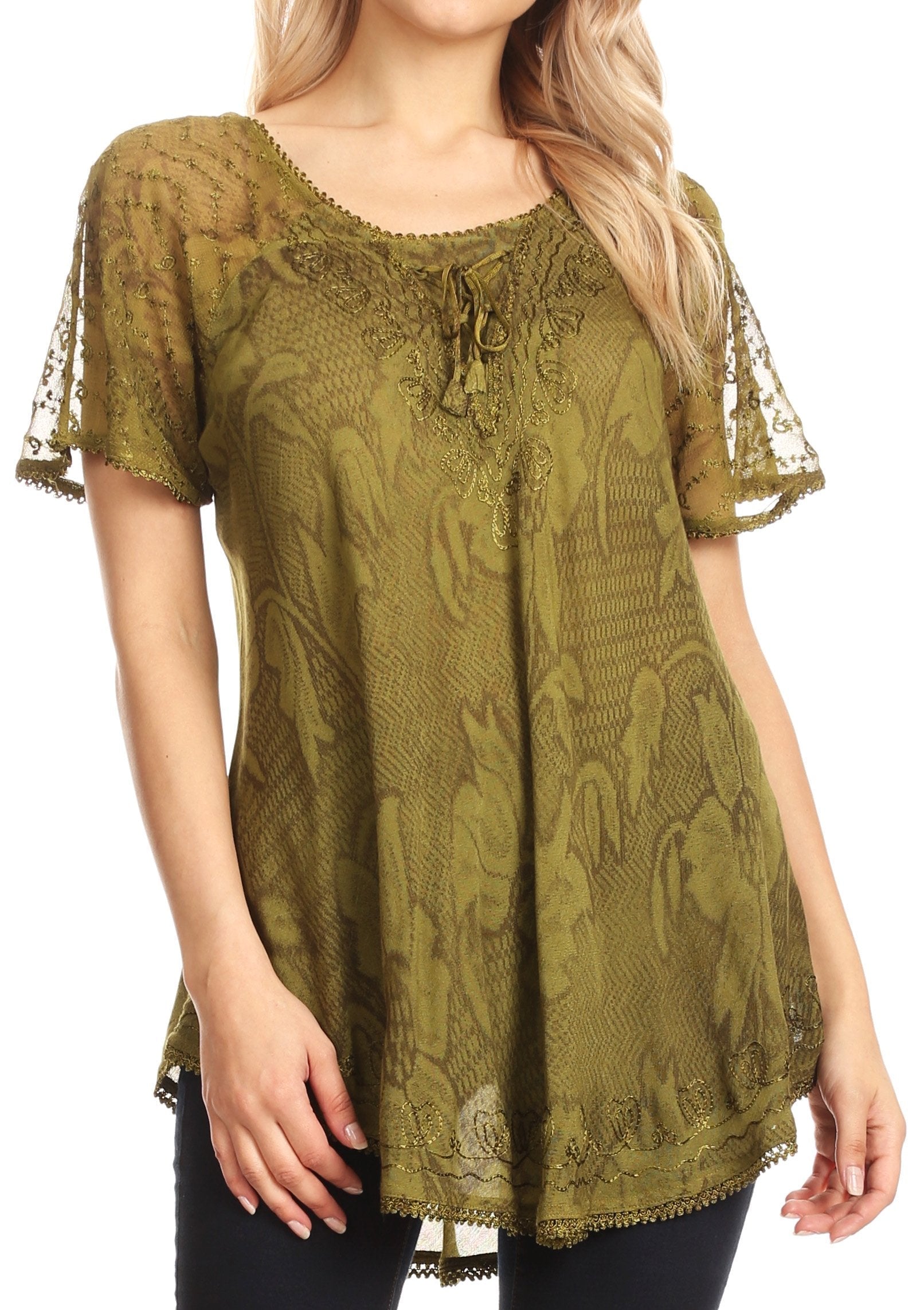 Sakkas Maliky Wide Corset Neck Floral Embroidered Cap Sleeve Blouse Top Shirt - Concordia Style Boutique