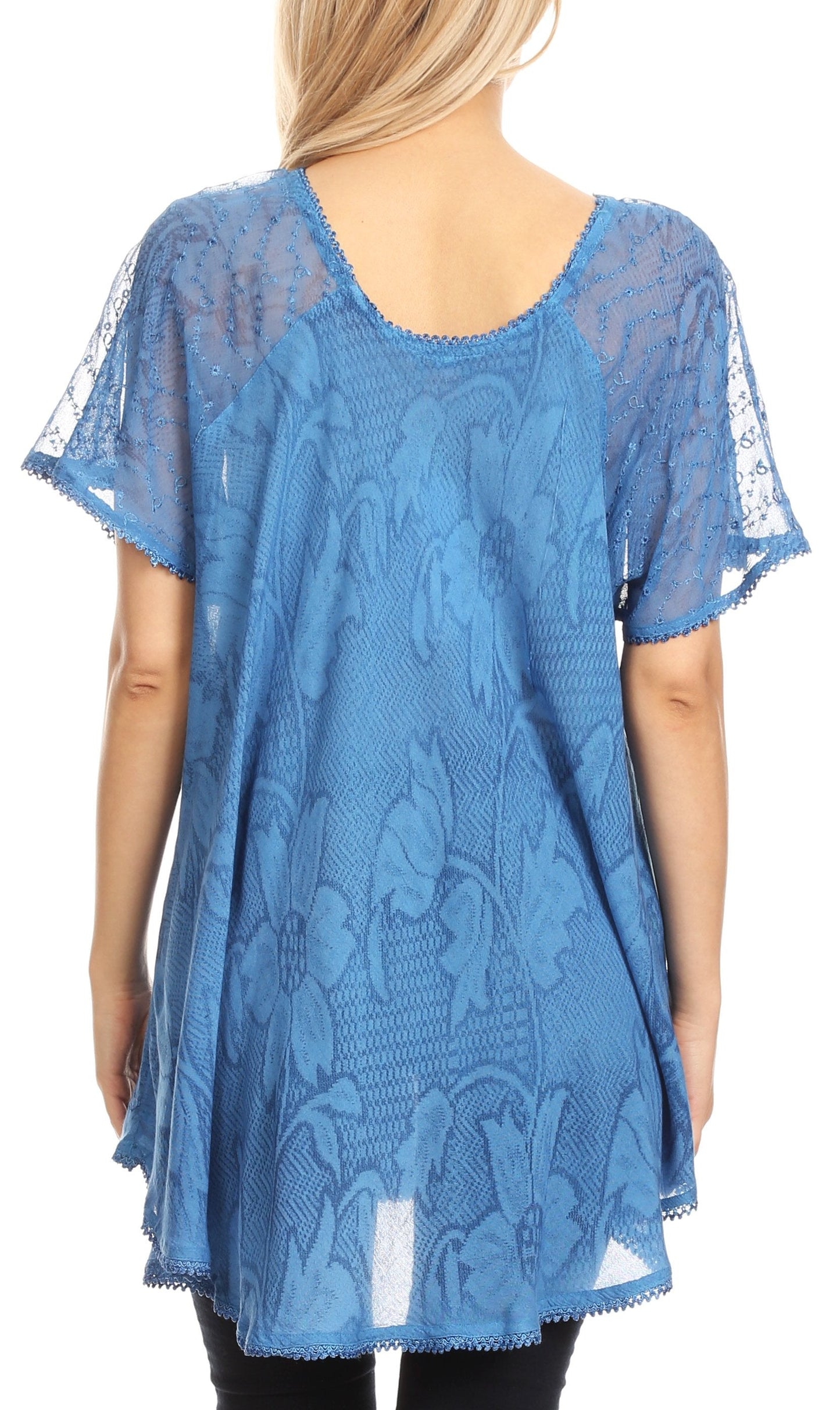 Sakkas Maliky Wide Corset Neck Floral Embroidered Cap Sleeve Blouse Top Shirt - Concordia Style Boutique