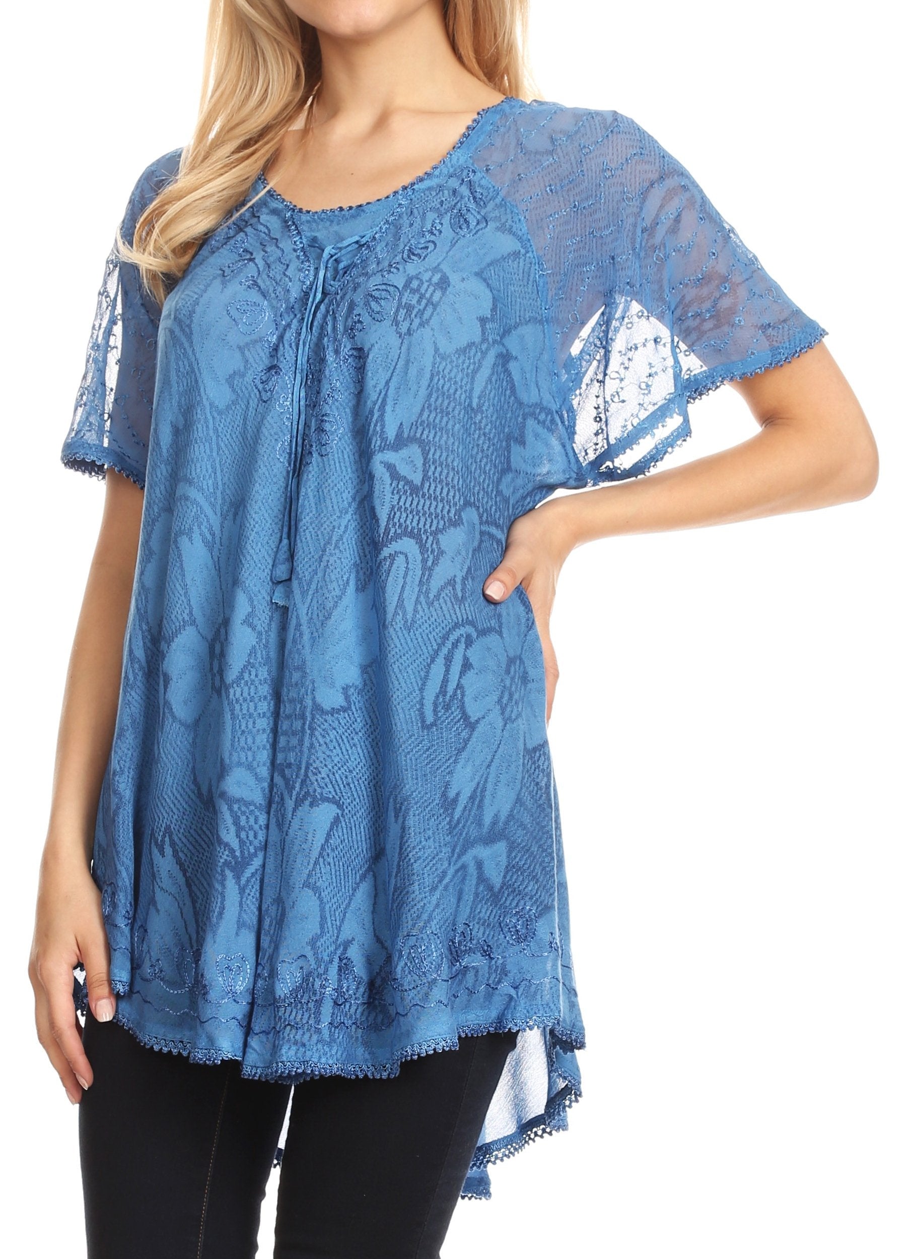 Sakkas Maliky Wide Corset Neck Floral Embroidered Cap Sleeve Blouse Top Shirt - Concordia Style Boutique