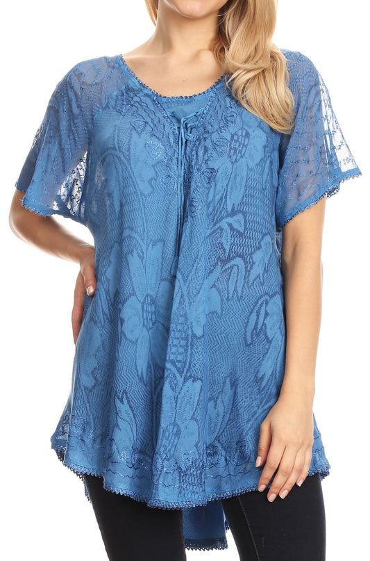 Sakkas Maliky Wide Corset Neck Floral Embroidered Cap Sleeve Blouse Top Shirt - Concordia Style Boutique
