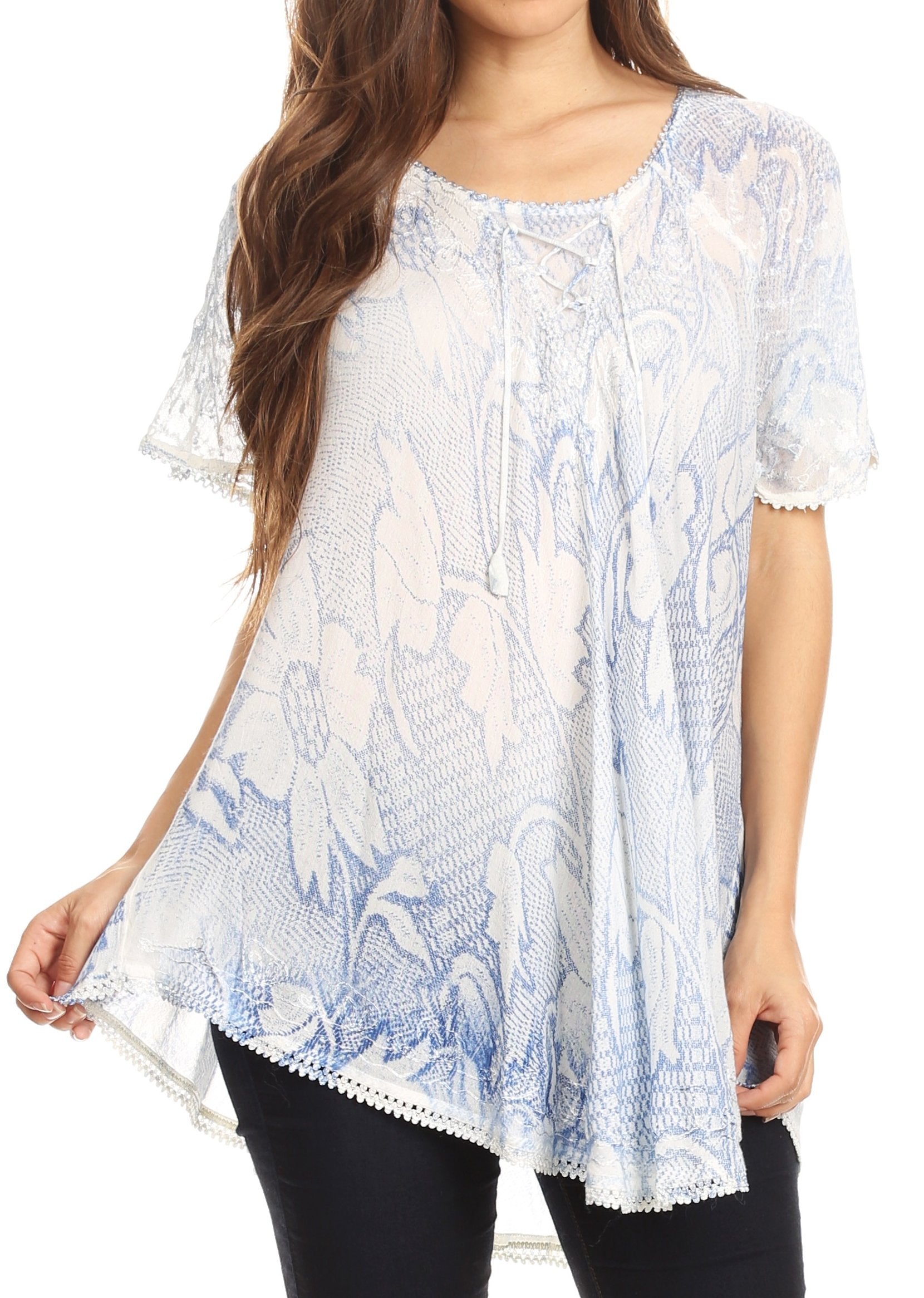 Sakkas Maliky Wide Corset Neck Floral Embroidered Cap Sleeve Blouse Top Shirt - Concordia Style Boutique