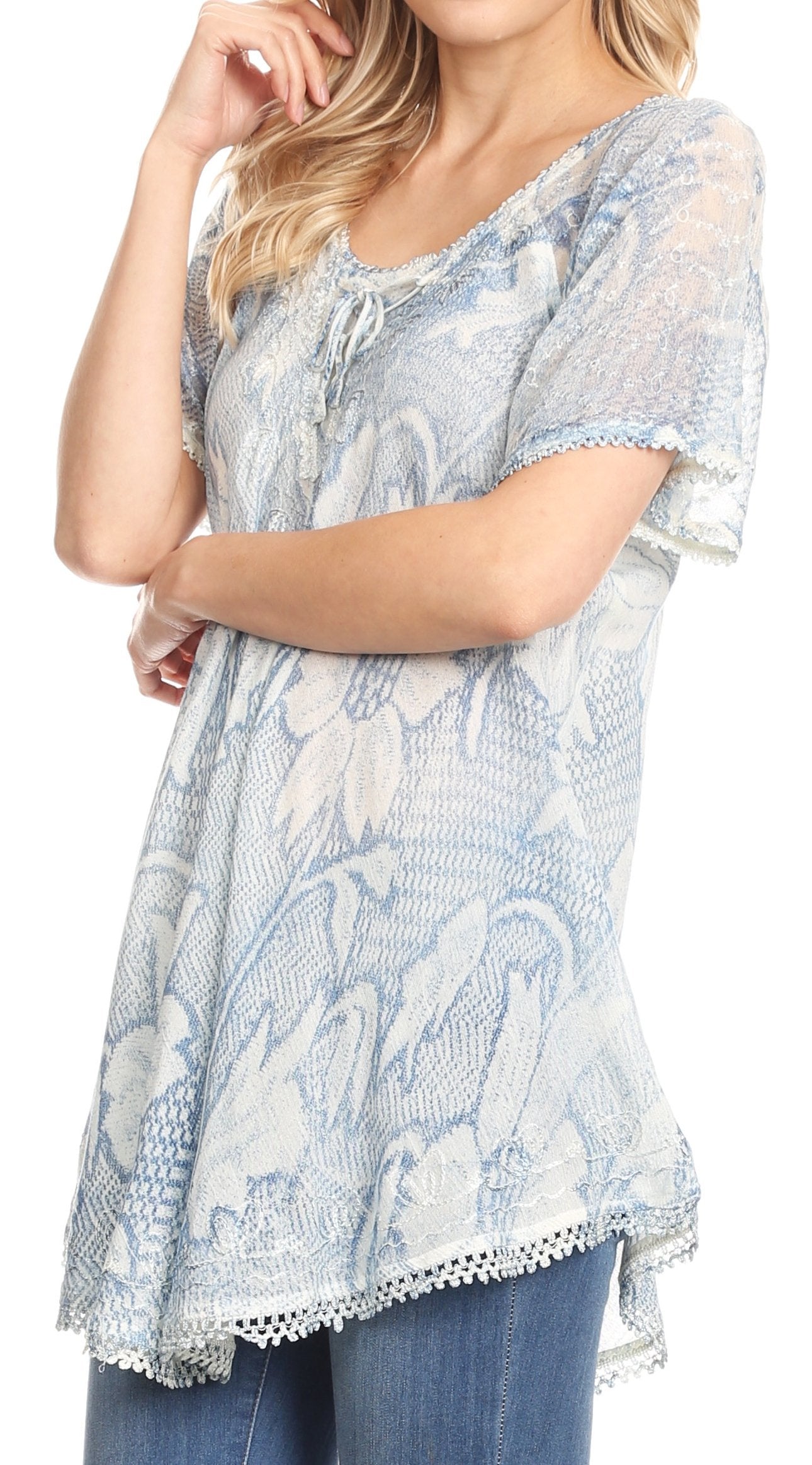 Sakkas Maliky Wide Corset Neck Floral Embroidered Cap Sleeve Blouse Top Shirt - Concordia Style Boutique