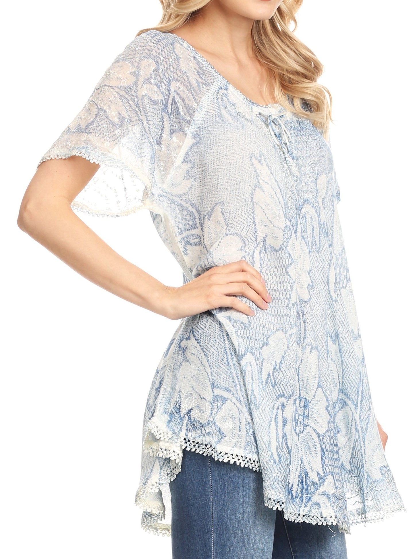 Sakkas Maliky Wide Corset Neck Floral Embroidered Cap Sleeve Blouse Top Shirt - Concordia Style Boutique