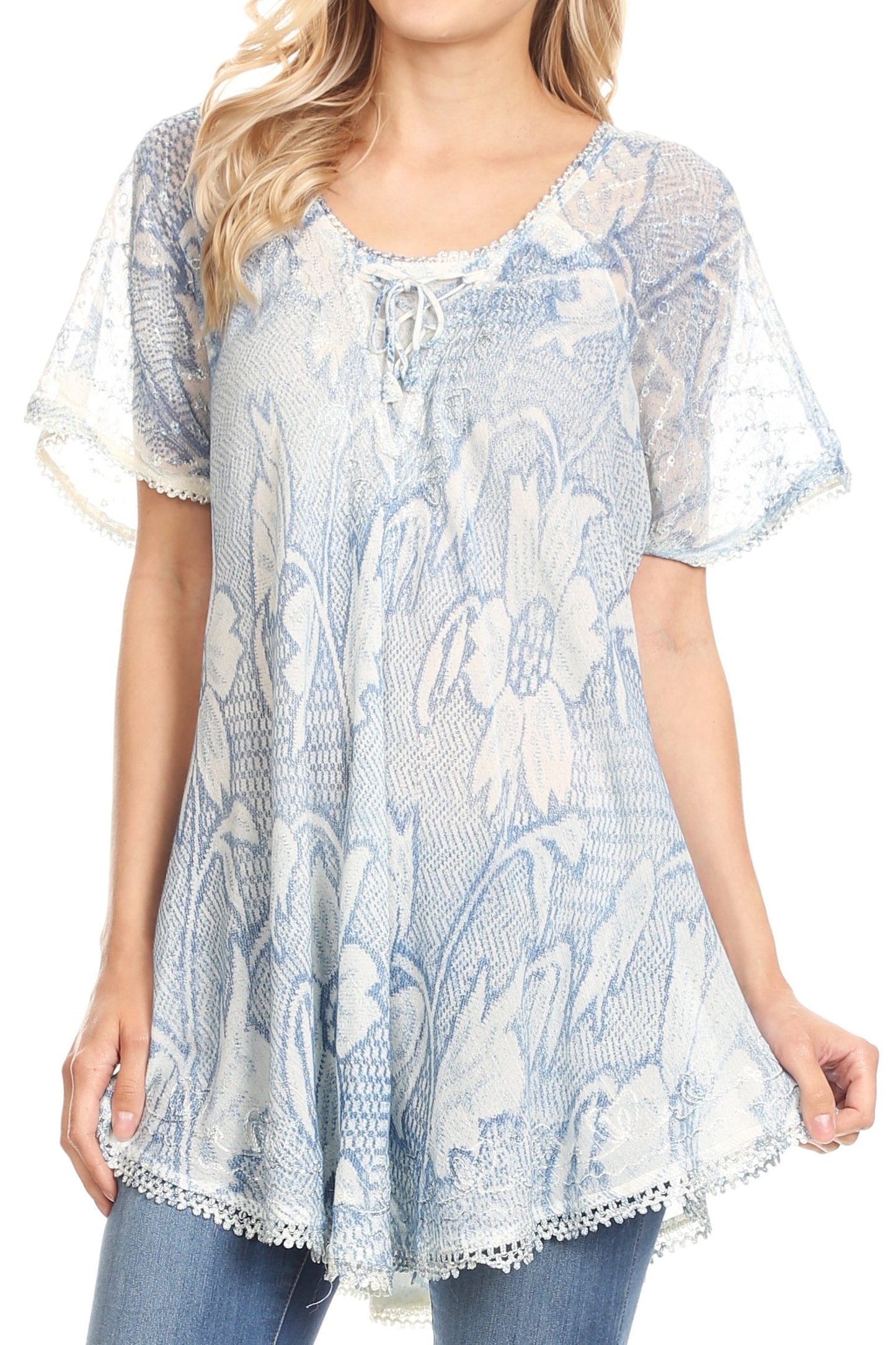 Sakkas Maliky Wide Corset Neck Floral Embroidered Cap Sleeve Blouse Top Shirt - Concordia Style Boutique