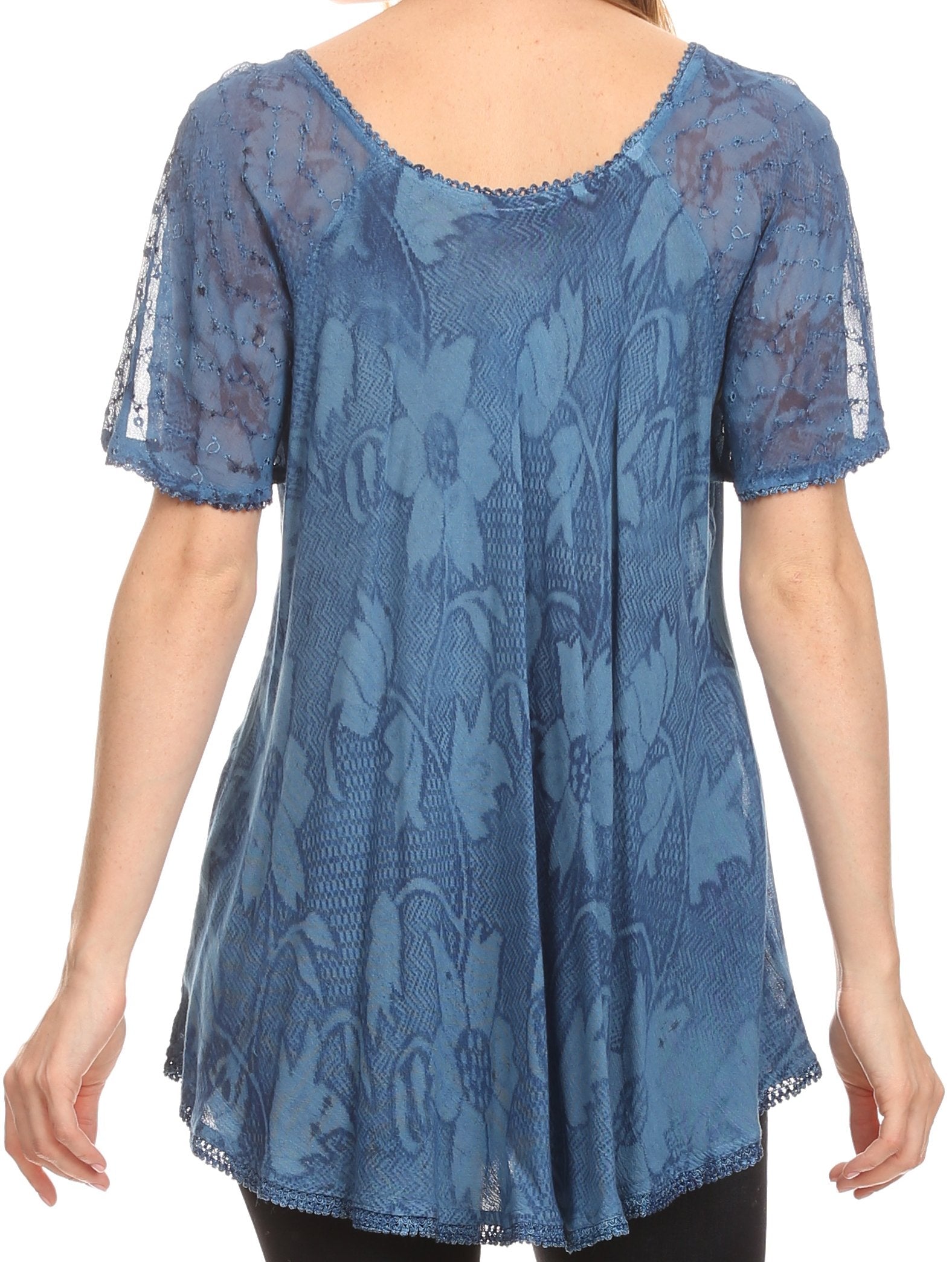 Sakkas Maliky Wide Corset Neck Floral Embroidered Cap Sleeve Blouse Top Shirt - Concordia Style Boutique