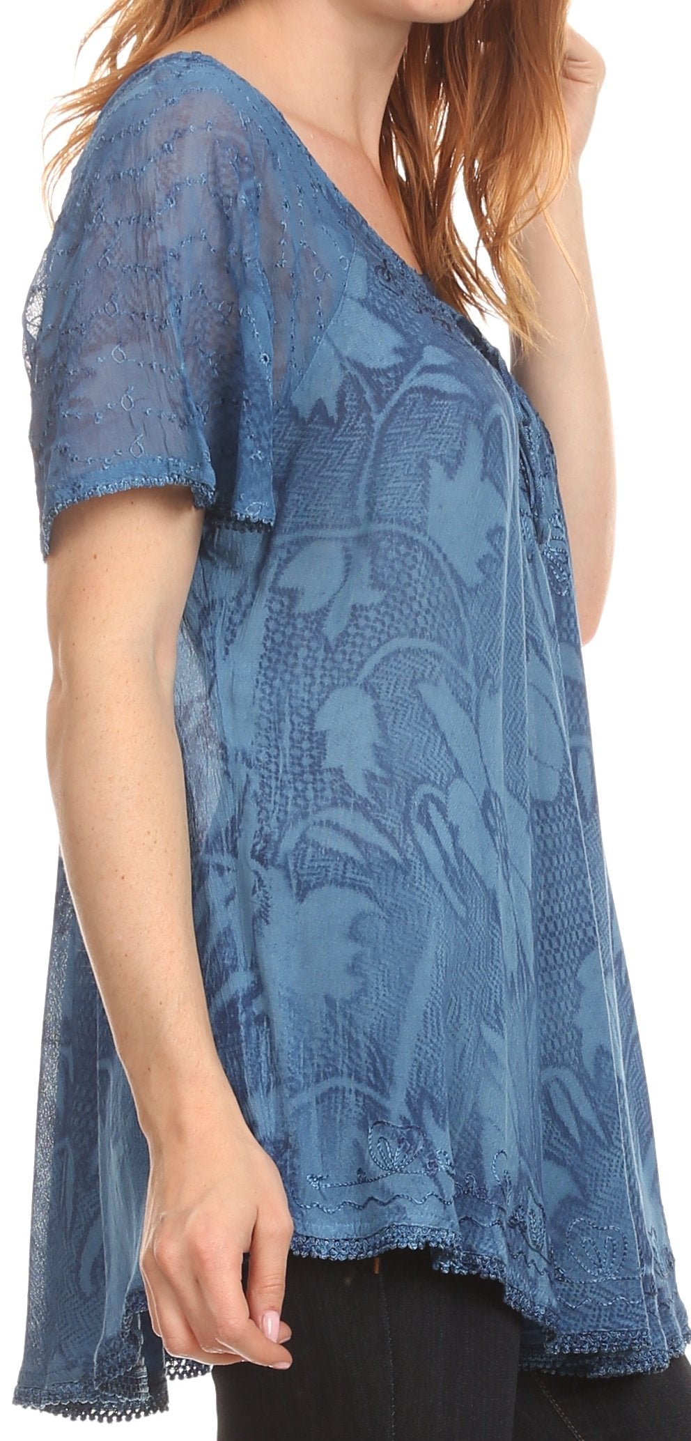 Sakkas Maliky Wide Corset Neck Floral Embroidered Cap Sleeve Blouse Top Shirt - Concordia Style Boutique
