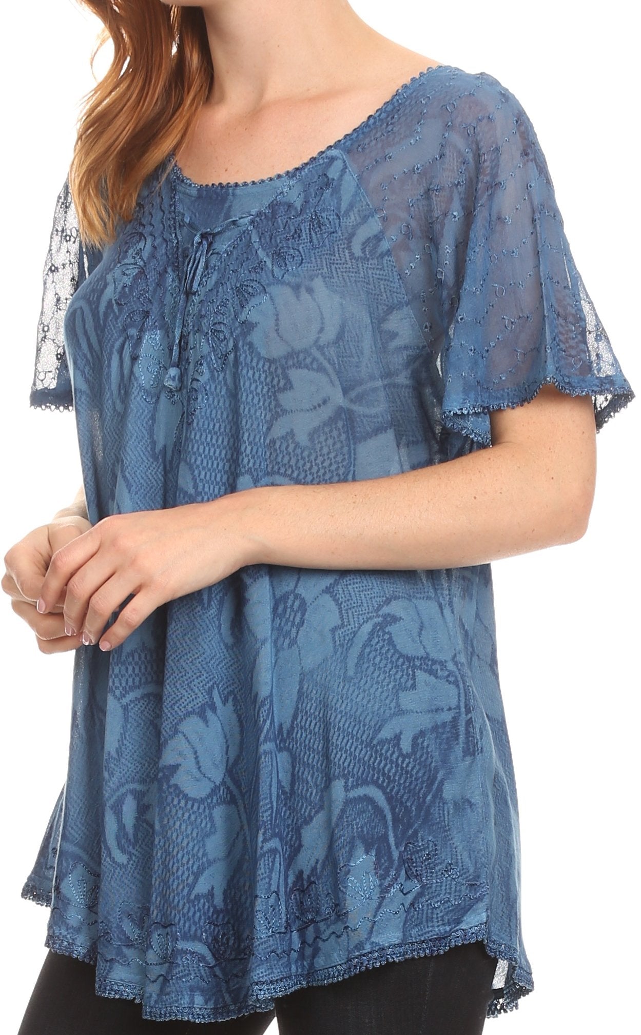 Sakkas Maliky Wide Corset Neck Floral Embroidered Cap Sleeve Blouse Top Shirt - Concordia Style Boutique
