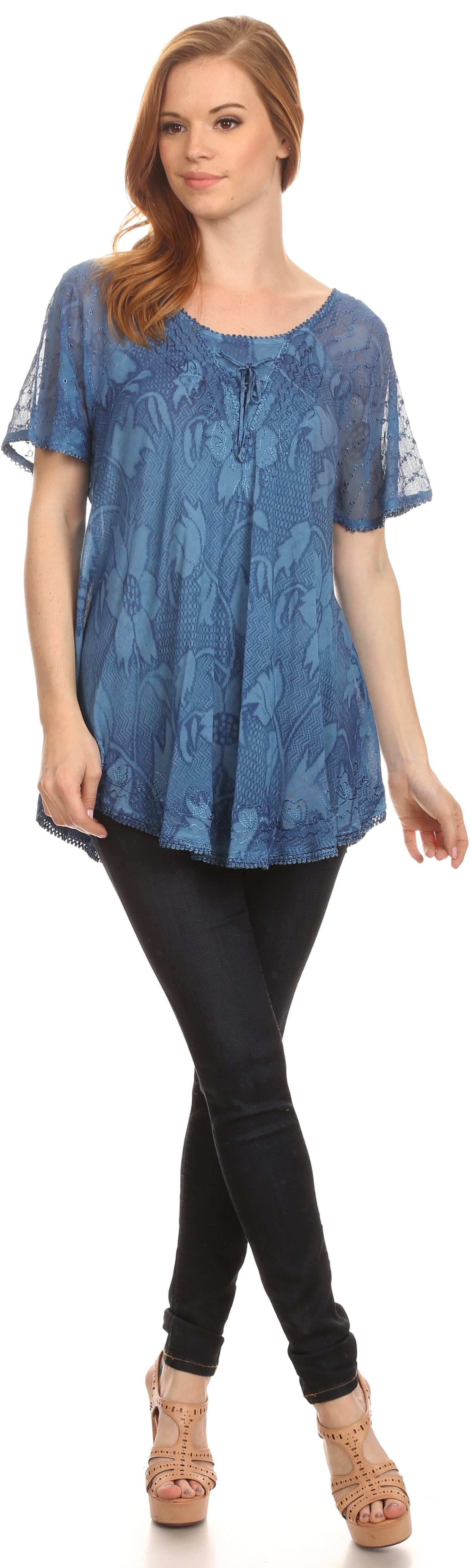 Sakkas Maliky Wide Corset Neck Floral Embroidered Cap Sleeve Blouse Top Shirt - Concordia Style Boutique