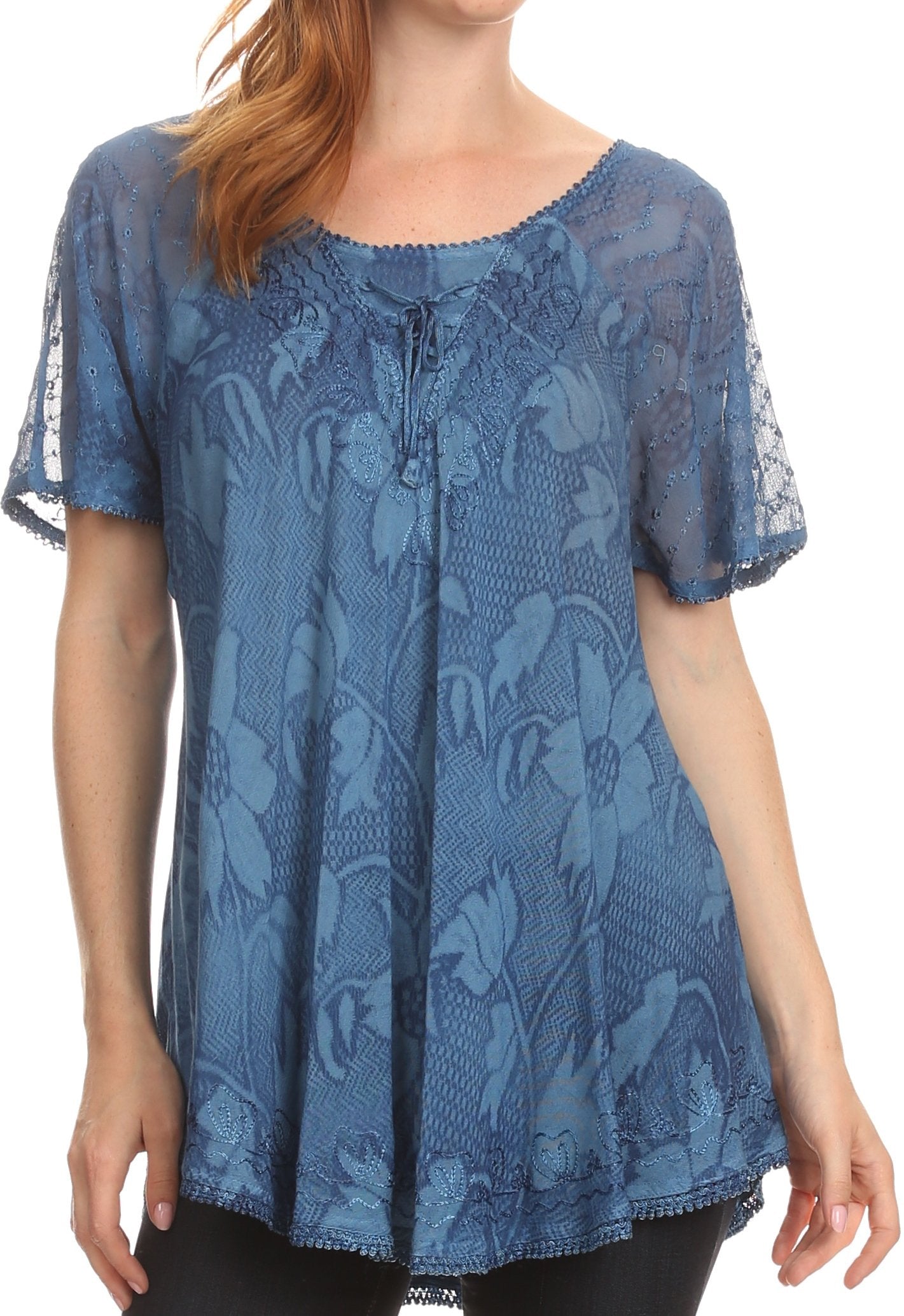 Sakkas Maliky Wide Corset Neck Floral Embroidered Cap Sleeve Blouse Top Shirt - Concordia Style Boutique