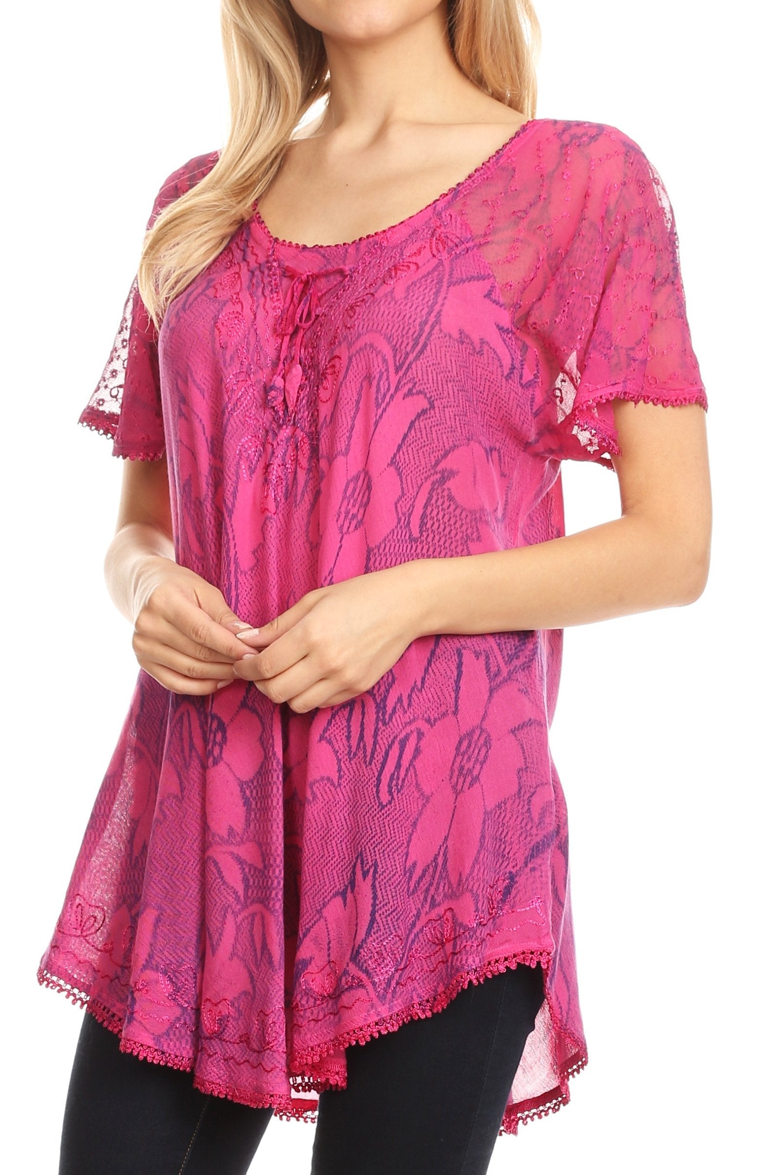 Sakkas Maliky Wide Corset Neck Floral Embroidered Cap Sleeve Blouse Top Shirt - Concordia Style Boutique