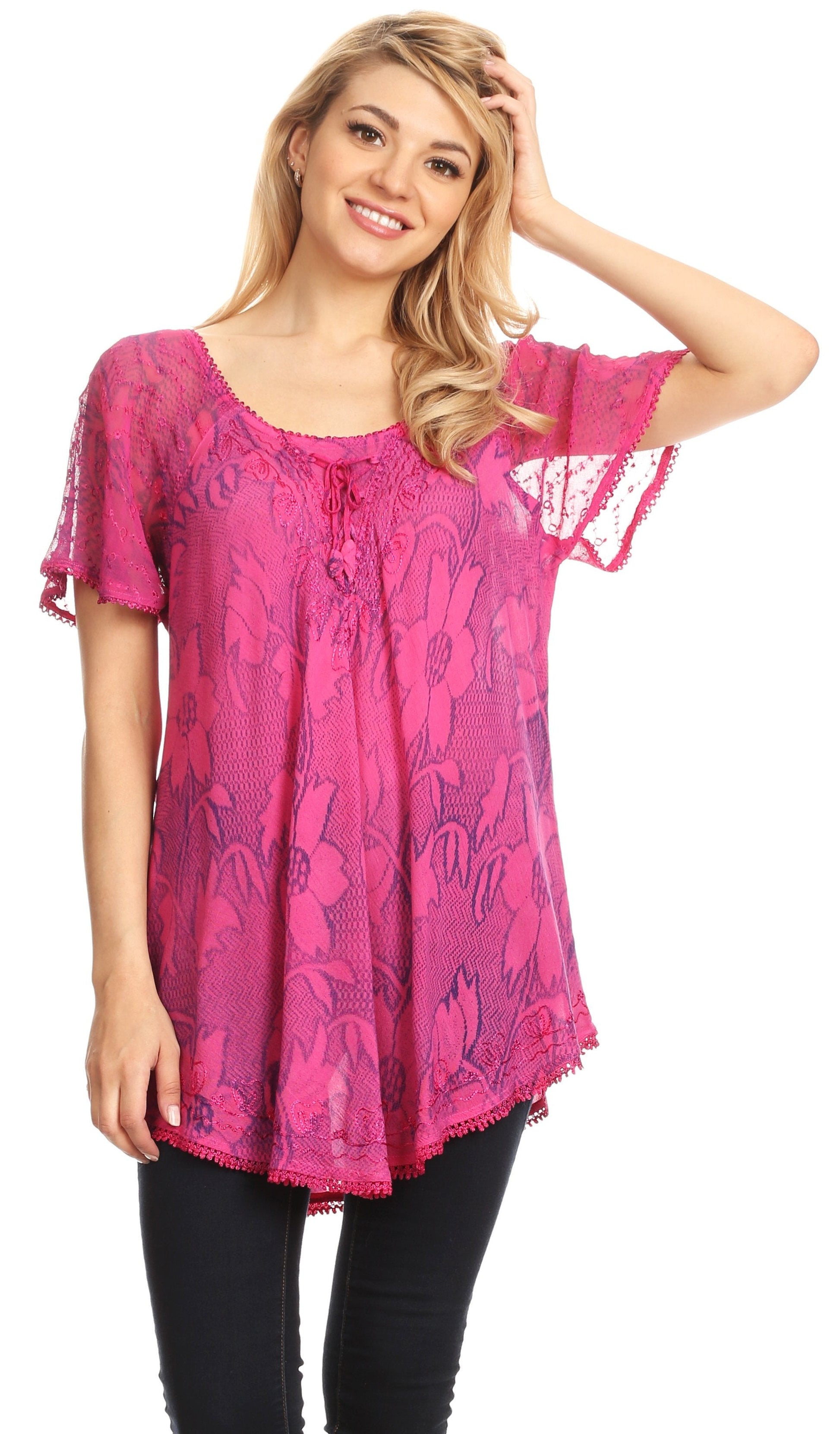 Sakkas Maliky Wide Corset Neck Floral Embroidered Cap Sleeve Blouse Top Shirt - Concordia Style Boutique