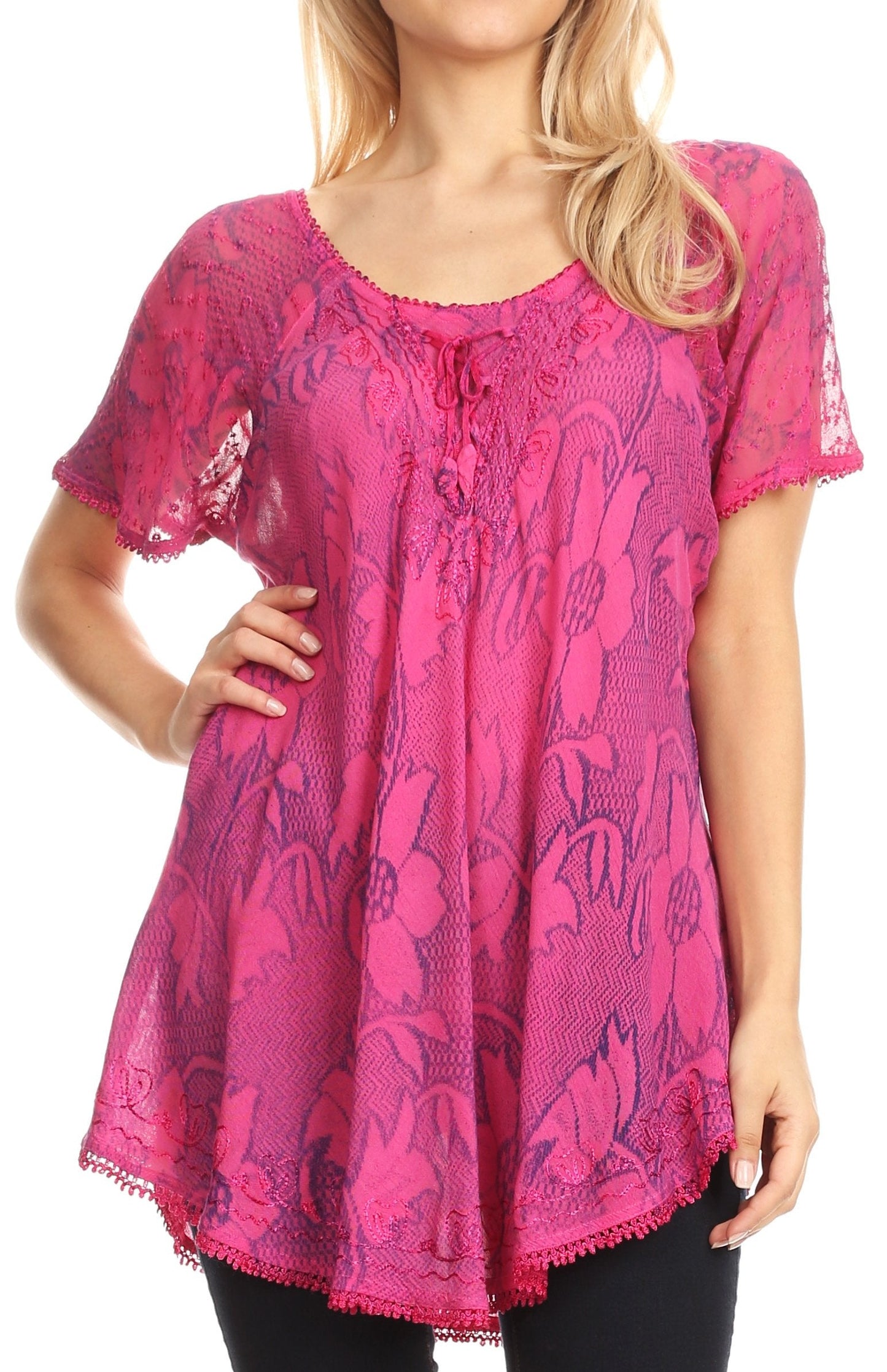 Sakkas Maliky Wide Corset Neck Floral Embroidered Cap Sleeve Blouse Top Shirt - Concordia Style Boutique