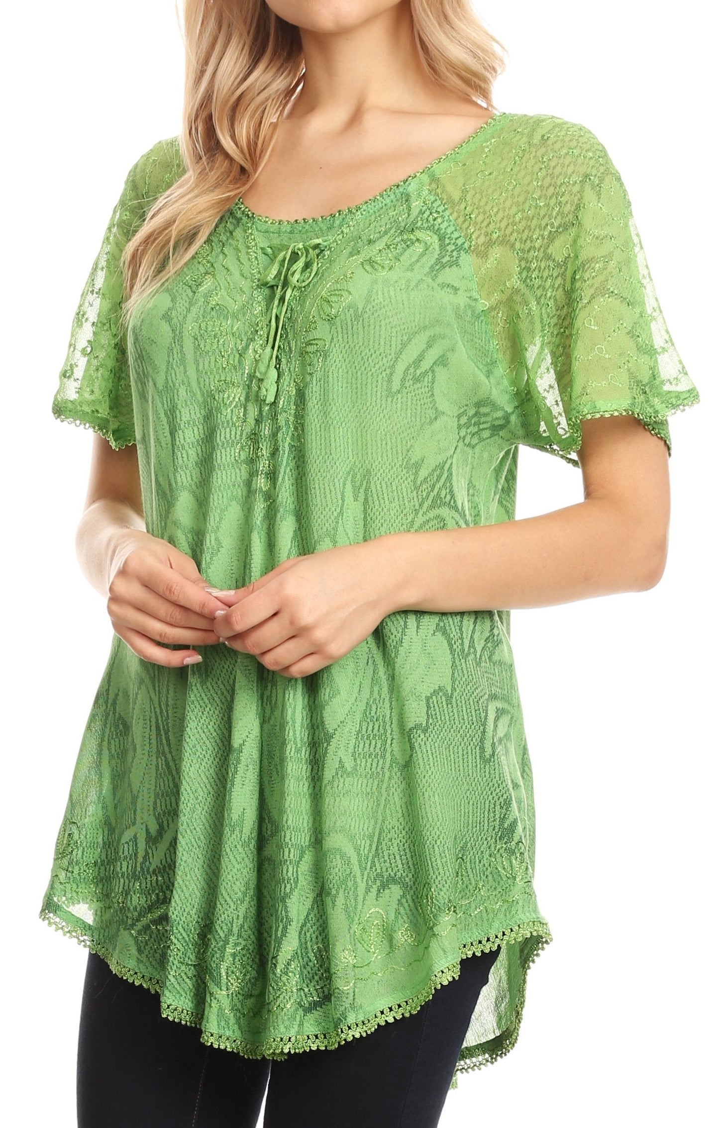 Sakkas Maliky Wide Corset Neck Floral Embroidered Cap Sleeve Blouse Top Shirt - Concordia Style Boutique